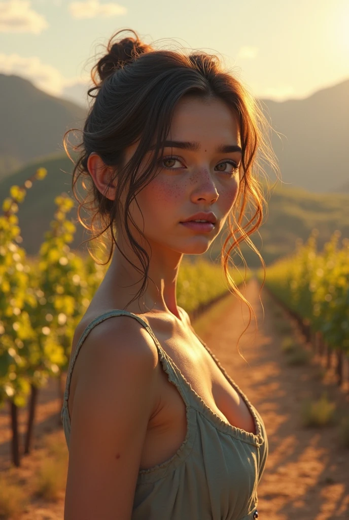 19yo woman, coed, adult woman, sundress, tight green dress, very short green summer dress, cleavage, detailed wavy brown hair, barefoot, full body, exterior French countryside, soft lighting, slim and skinny body, slim figure, she is waiting for her lover, delightful expression, tan skin, cute pose, sunset, golden hour, hand in her hair