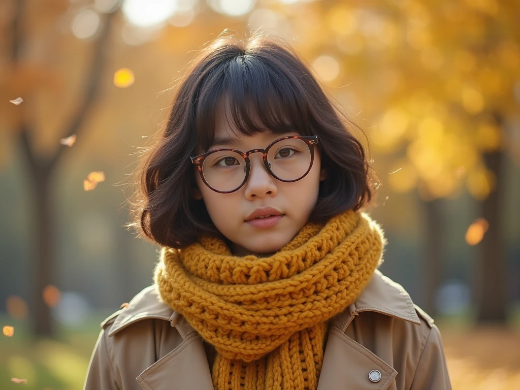 Black-rimmed glasses、knitted sweater、Autumn sunshine