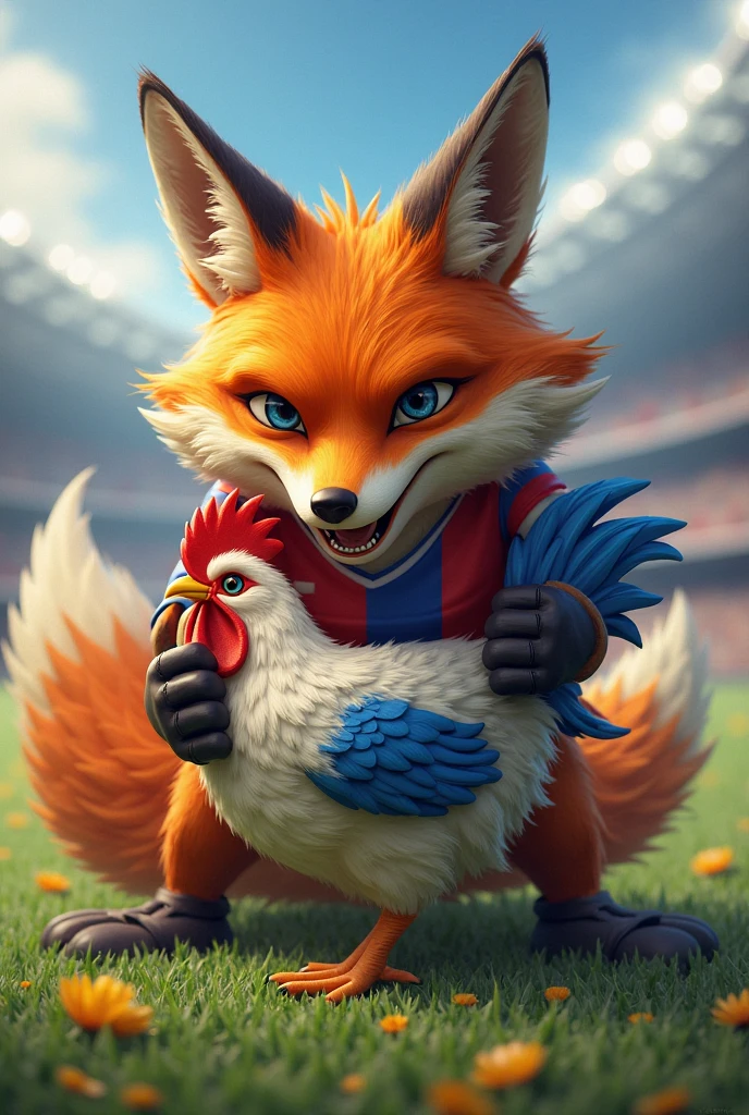 A humanoid fox, extremely angry, is wearing a football uniform, with a blue shirt and white shorts and socks. The fox is holding a desperate chicken in its hands. The scene is set in a football stadium, in 9x16 ultra HD 4k format