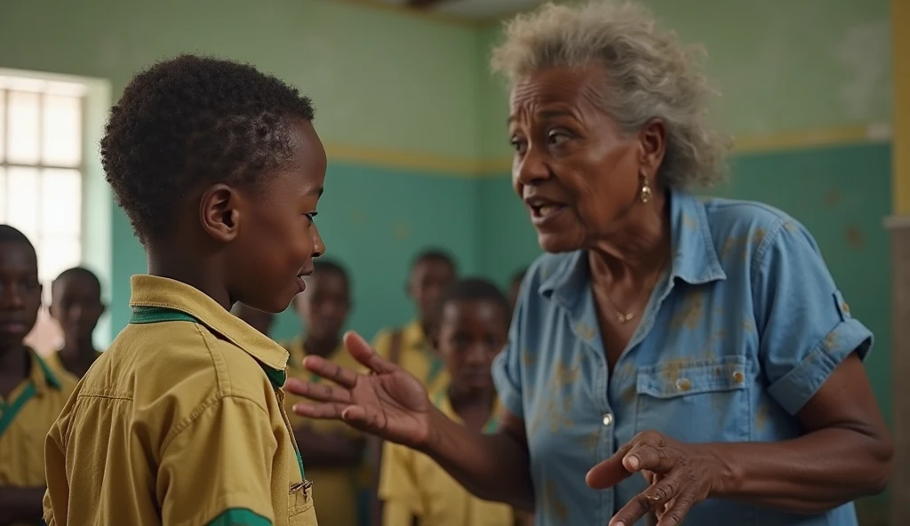 Professora com idade de 45 anos, Telling a story to your 10 students, todos sentados em volta da professora, in the schoolyard. Students are 4-year-old children