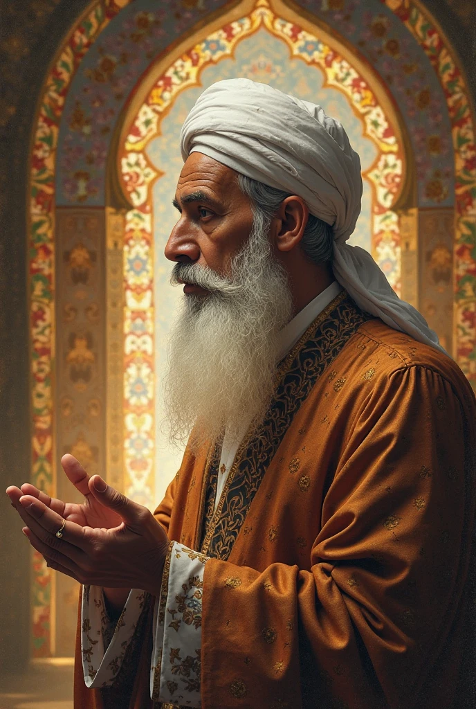 a muslim man, wearing religious balenciaga attire, no beard, long mustache, embroidered clothing, arm extended showing door, mutamir el cid, photorealistic, 8k, extremely detailed facial features, detailed eyes, detailed lips, detailed skin texture, realistic lighting, high quality, intricate details, cinematic, dramatic lighting, warm color tones