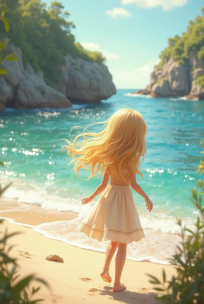 An animated girl looking at sea showing her back side to the camera 