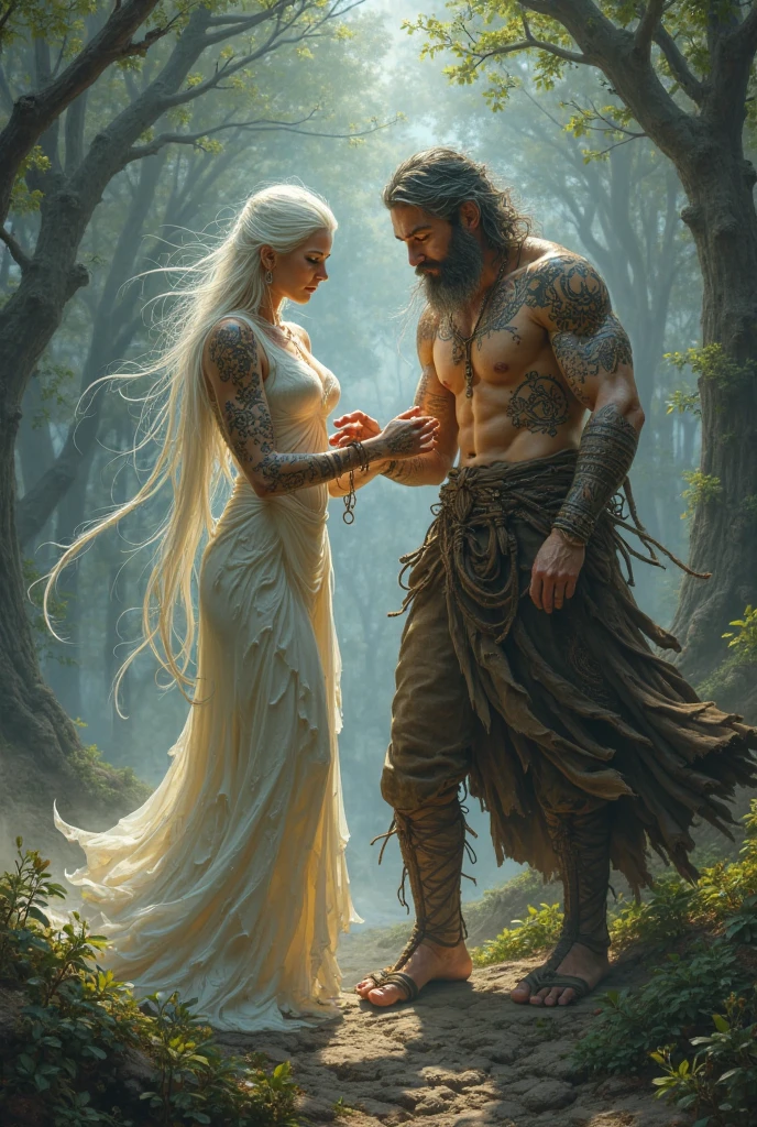 A strong man, one-eyed, with torn blue and black clothes, scratches on her body with an albino girl, yellow eyes in a white dress with a rose of lots of money kissing