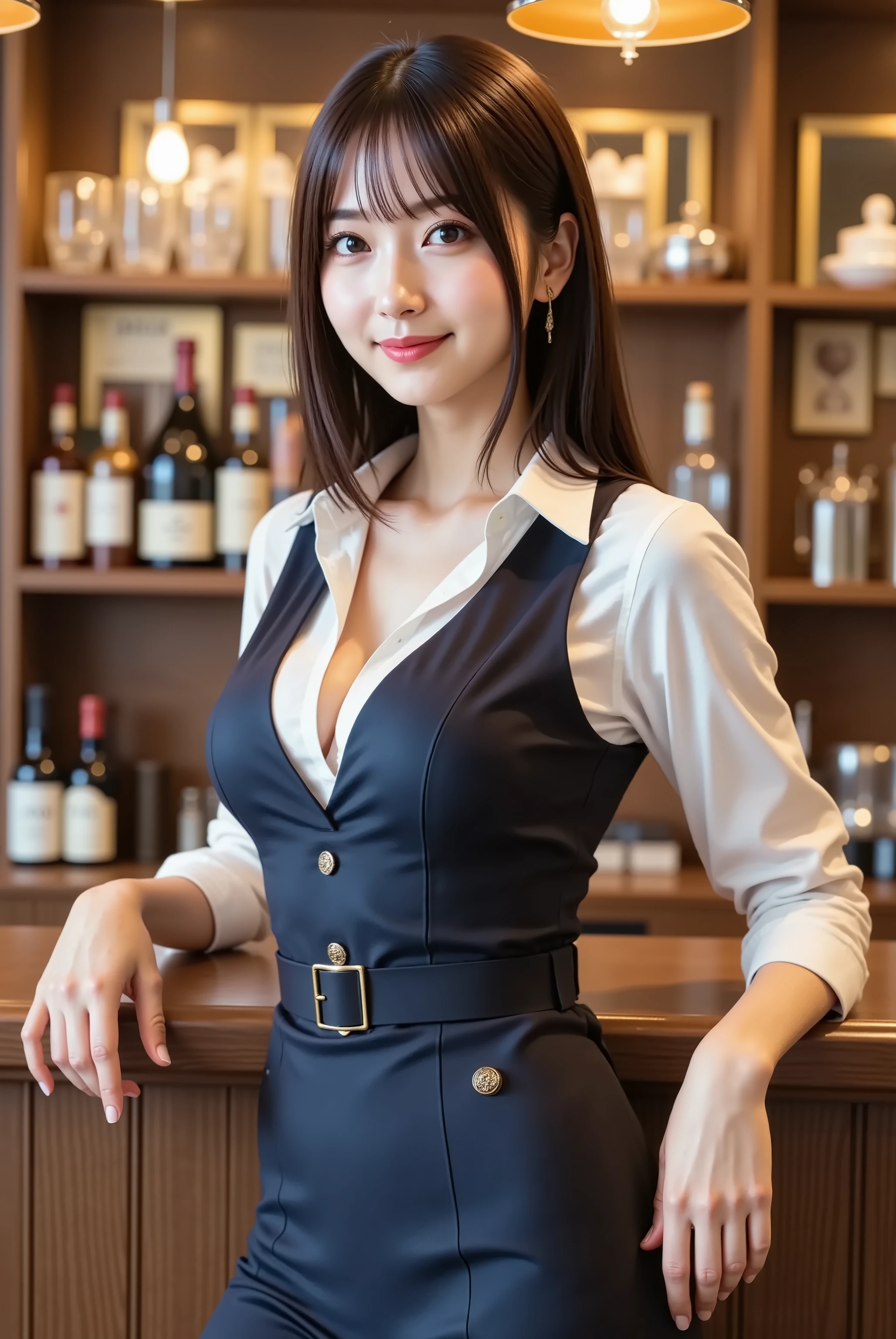 A beautiful young Japanese woman standing elegantly behind a polished wooden bar counter with both hands gracefully positioned on the countertop, her left hand placed slightly forward while her right hand rests naturally beside it, maintaining perfect posture with shoulders relaxed and slightly angled toward the camera, wearing a form-fitting navy blue V-neck vest with matching belt that cinches at her slender waist and accentuates her full voluptuous bust with deep prominent cleavage visible through the plunging neckline, layered over a crisp white long-sleeved shirt with collar arranged and sleeves rolled to three-quarter length, the vest featuring decorative buttons and perfectly tailored to emphasize her slender athletic physique while showcasing her impressive bust line, captured in photorealistic digital photography, composed as upper body portrait from a slightly low angle that highlights her confident professional demeanor, illuminated by warm ambient lighting from hanging pendant lights that creates gentle highlights on her facial features and subtle shadows that define her body contours, featuring a warm color palette with rich amber and golden tones complemented by the deep navy of her vest and crisp white of her shirt, conveying professional hospitality and elegance with her genuine warm smile and welcoming stance, set against a sophisticated bar background featuring polished wooden surfaces, elegant shelving with bottles and glassware, warm pendant lighting, and soft bokeh effects that create depth while maintaining focus on the subject, with every strand of her hair rendered individually for maximum realism showing natural movement and texture as it falls gracefully over her shoulders, emphasizing her perfect proportions with particular attention to her full rounded bust that creates impressive silhouette beneath the fitted vest's plunging neckline, her posture showing professionalism while leaning forward enhancing cleavage.