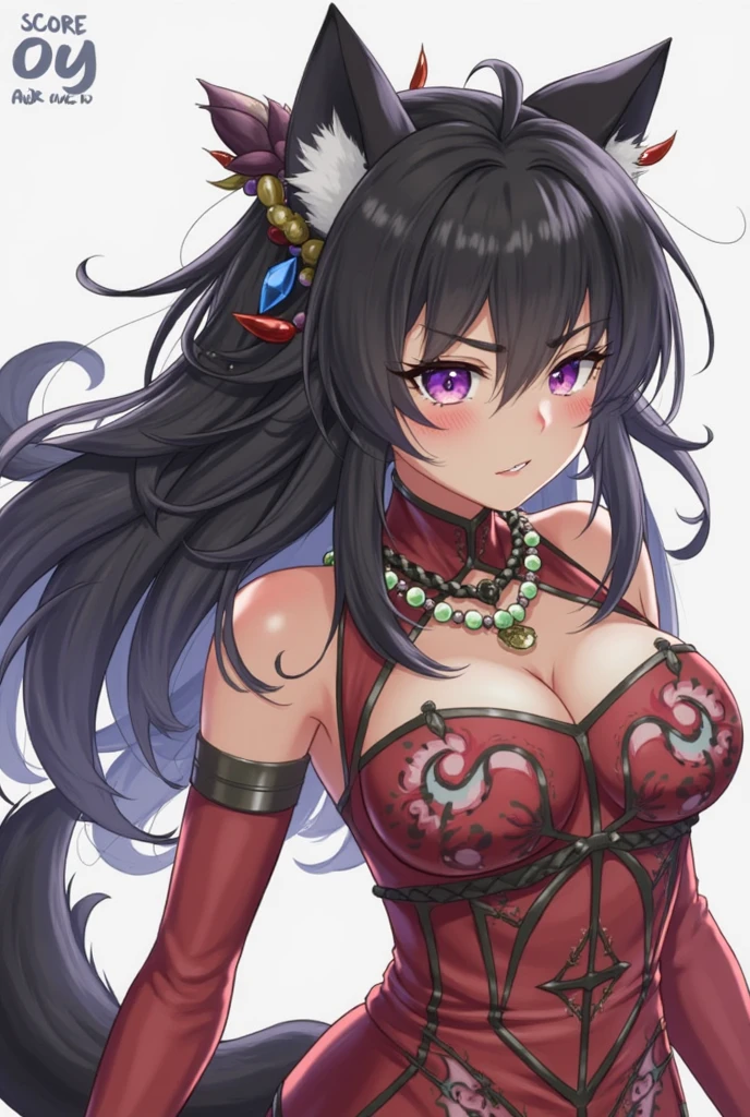 masterpiece, best quality, <lora:spgbfYuel-09:1> yuelsu, purple eyes, hair ornament, hair flower, very long hair, fox tail, black bikini, cleavage, choker, huge breasts, leaning forward