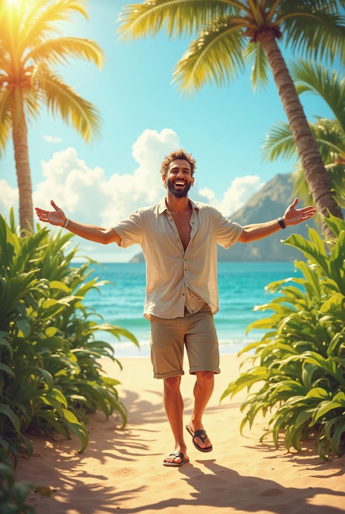 A man on the beach waves smiling completely naked