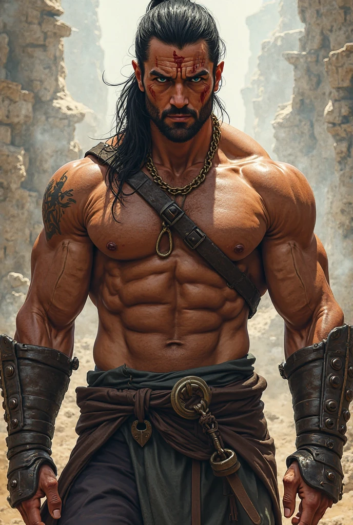 A tall, muscular tanned young boy, Shirtless, curly very short black hair, sweaty and ragged attire, G-string, standing in a rustic village setting, high detail, realistic, dynamic lighting, portrait, character design, cinematic atmosphere, masterpiece .