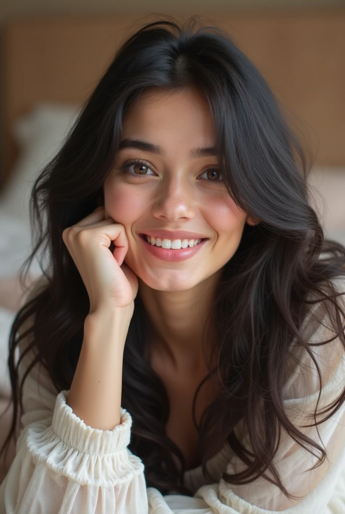 young pretty latin woman in white cotton blouse wondering, having happy thoughts and ideas, daydreaming, trying to copy the side space against a flat wall