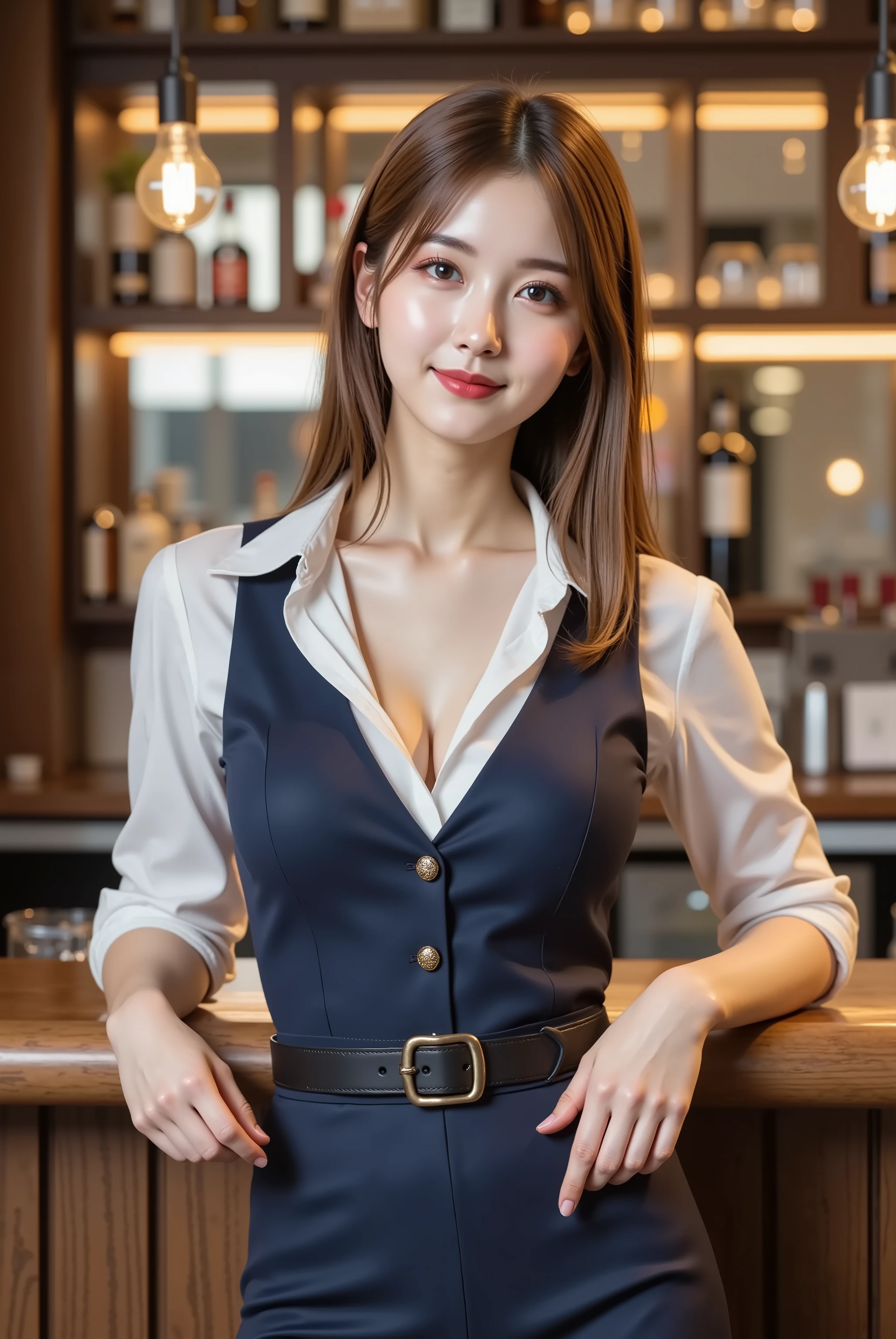 smile, hair styled in aplatinum blonde, gold hair, A beautiful young Japanese woman standing elegantly behind a polished wooden bar counter with both hands gracefully positioned on the countertop, her left hand placed slightly forward while her right hand rests naturally beside it, maintaining perfect posture with shoulders relaxed and slightly angled toward the camera, wearing a form-fitting navy blue V-neck vest with matching belt that cinches at her slender waist and accentuates her full voluptuous bust with deep prominent cleavage visible through the plunging neckline, layered over a crisp white long-sleeved shirt with collar arranged and sleeves rolled to three-quarter length, the vest featuring decorative buttons and perfectly tailored to emphasize her slender athletic physique while showcasing her impressive bust line, captured in photorealistic digital photography, composed as upper body portrait from a slightly low angle that highlights her confident professional demeanor, illuminated by warm ambient lighting from hanging pendant lights that creates gentle highlights on her facial features and subtle shadows that define her body contours, featuring a warm color palette with rich amber and golden tones complemented by the deep navy of her vest and crisp white of her shirt, conveying professional hospitality and elegance with her genuine warm smile and welcoming stance, set against a sophisticated bar background featuring polished wooden surfaces, elegant shelving with bottles and glassware, warm pendant lighting, and soft bokeh effects that create depth while maintaining focus on the subject, with every strand of her hair rendered individually for maximum realism showing natural movement and texture as it falls gracefully over her shoulders, emphasizing her perfect proportions with particular attention to her full rounded bust that creates impressive silhouette beneath the fitted vest's plunging neckline, her posture showing professionalism while leaning for