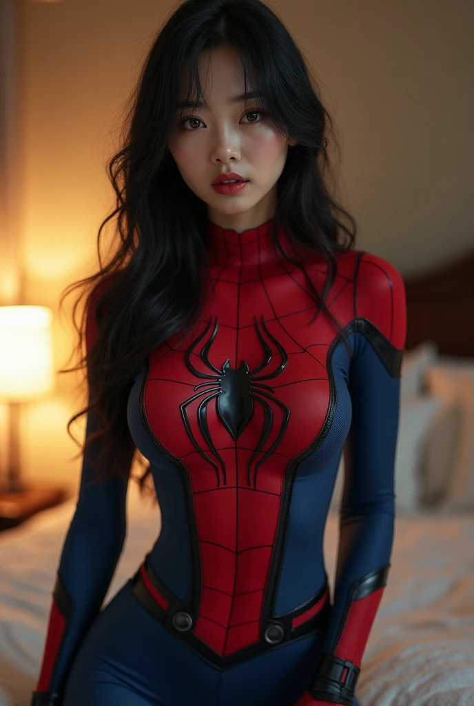 Spiderman Pictures, No mask, 20th Generation, good looking, Detailed face, looking at the camera, Portraiture, 8K Ultra HD, High Quality Girl, Short、show off pussy、spread legs, legs up 、topless