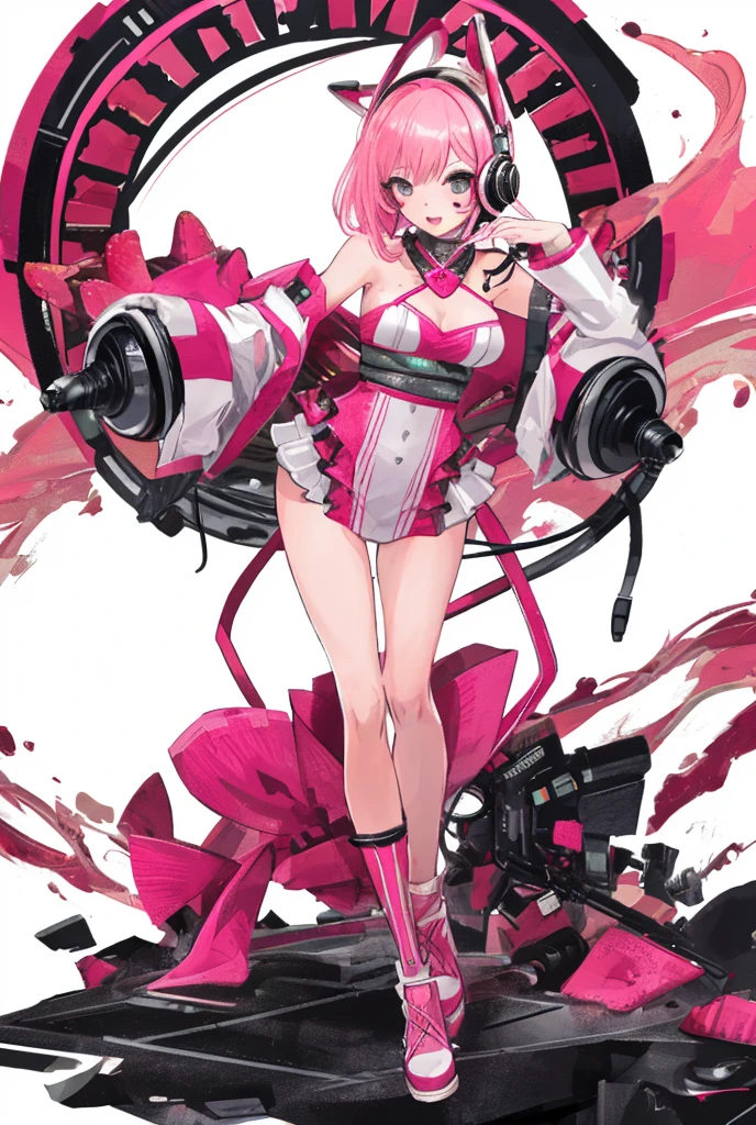 1girl, pink hair, twintails, cheerful, pink eyes, wearing pink skirt, no underwear, breasts showing, dildo on bike