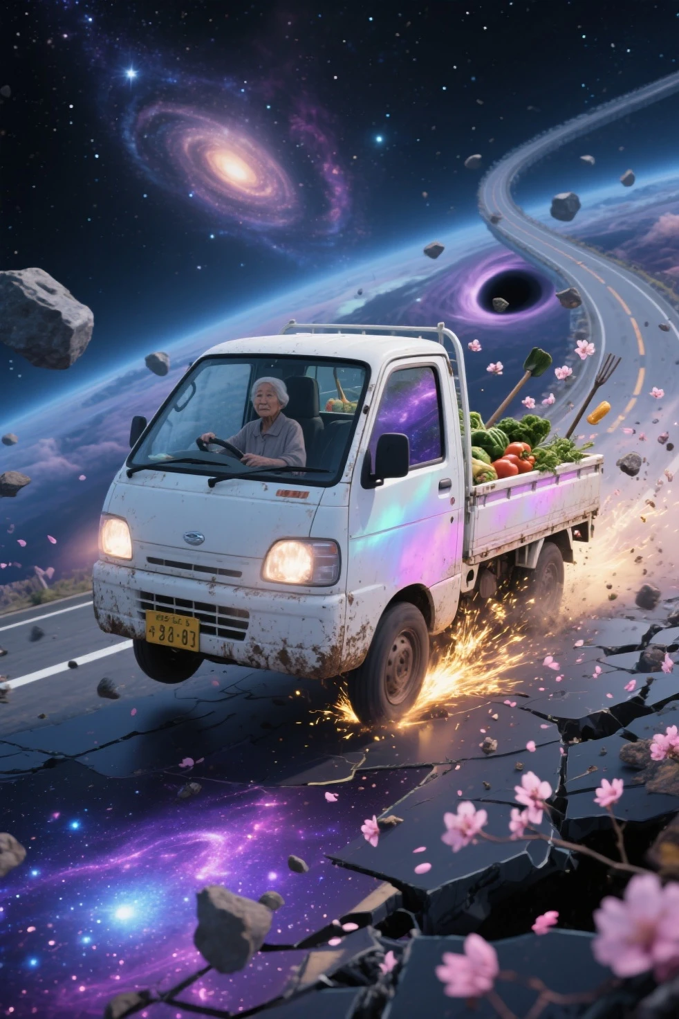 写真のような写実的な小型の日本のケイトラックのシーン (軽トラ) に吊り下げられた壊れた宇宙の高速道路を横に漂う白い軽トラック, から少し錆びて泥だらけの, 深い空間, は、低い正面四分の一角, キャブ内では、; 一部の道路は、ブラックホールや光るタイムリフトにらせん状になっています

トラックのヘッドライトが微小小惑星や漂流する破片を突き抜ける {x} トラックの荷台には野菜や農具がいっぱい詰まっていて、慣性で跳ね返っている

トラックの後ろには、遠くの星という超現実的な宇宙環境が広がっています。, 渦巻く銀河, 星雲, と断片化された石造りの高速道路が隙間に浮かんでいます, の後輪が水上道路の割れた表面を滑り出すと、輝くスターダストとプラズマの火花が飛び出します, 、神秘的なオーラのように後ろを走る桜の花びらと光る粒子のもやを照らしています, — 彼女のシルエットは穏やかで落ち着きがあり、落ち着きがあり, は、その壮大さに影が薄くなった

ガラス越しにはほとんど見えない星明かりとドラマチックな照明が混ざり合う, 星雲の輝き, とかすかなレンズフレア; トラックのボディは変化する宇宙紫の色合いを反射します, ブルー, x} と、次元をまたいで変動するときの金

移動中の車両全体をキャプチャするメインカラーパレット: オフホワイトのトラック, と銀河系の紫がかったかすかなレンズフレア, deep ブルーs, 輝く金色, を示しています。宇宙環境