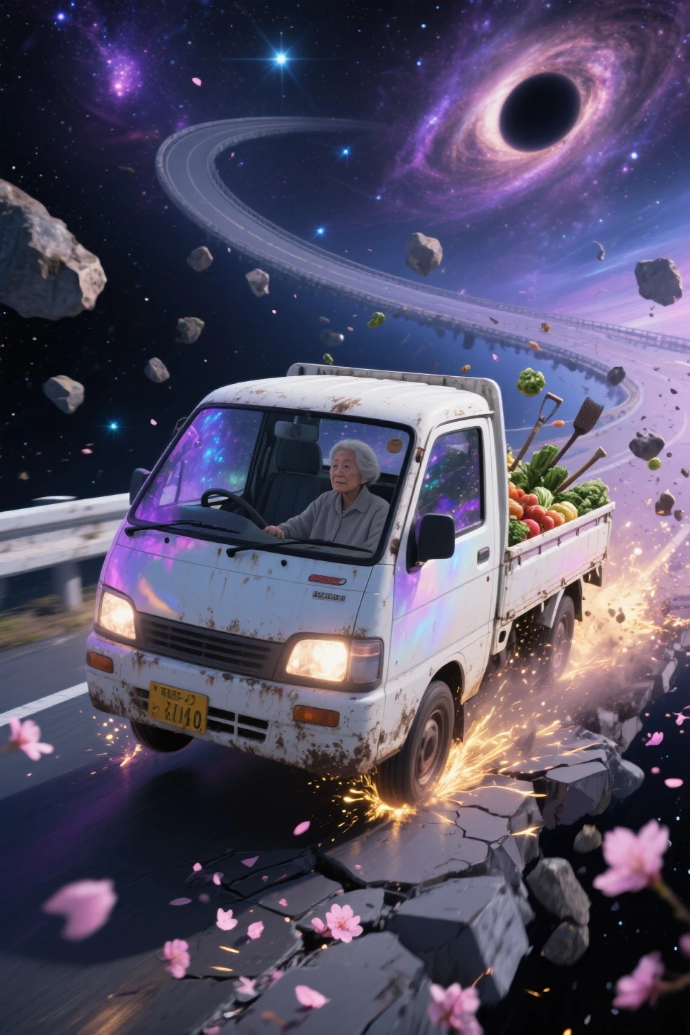 写真のような写実的な小型の日本のケイトラックのシーン (軽トラ) に吊り下げられた壊れた宇宙の高速道路を横に漂う白い軽トラック, から少し錆びて泥だらけの, 深い空間, は、低い正面四分の一角, キャブ内では、; 一部の道路は、ブラックホールや光るタイムリフトにらせん状になっています

トラックのヘッドライトが微小小惑星や漂流する破片を突き抜ける {x} トラックの荷台には野菜や農具がいっぱい詰まっていて、慣性で跳ね返っている

トラックの後ろには、遠くの星という超現実的な宇宙環境が広がっています。, 渦巻く銀河, 星雲, と断片化された石造りの高速道路が隙間に浮かんでいます, の後輪が水上道路の割れた表面を滑り出すと、輝くスターダストとプラズマの火花が飛び出します, 、神秘的なオーラのように後ろを走る桜の花びらと光る粒子のもやを照らしています, — 彼女のシルエットは穏やかで落ち着きがあり、落ち着きがあり, は、その壮大さに影が薄くなった

ガラス越しにはほとんど見えない星明かりとドラマチックな照明が混ざり合う, 星雲の輝き, とかすかなレンズフレア; トラックのボディは変化する宇宙紫の色合いを反射します, ブルー, x} と、次元をまたいで変動するときの金

移動中の車両全体をキャプチャするメインカラーパレット: オフホワイトのトラック, と銀河系の紫がかったかすかなレンズフレア, deep ブルーs, 輝く金色, を示しています。宇宙環境