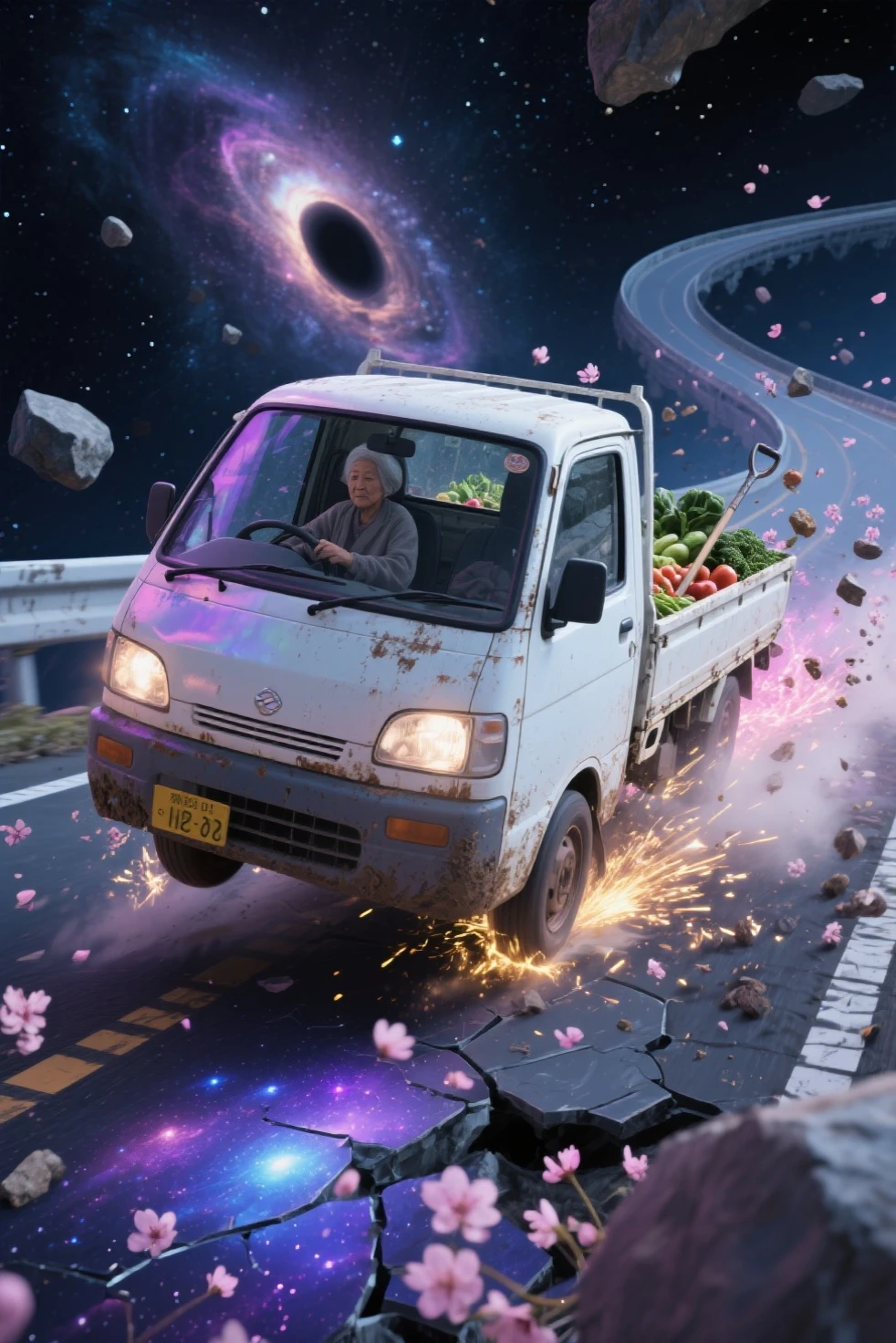 写真のような写実的な小型の日本のケイトラックのシーン (軽トラ) に吊り下げられた壊れた宇宙の高速道路を横に漂う白い軽トラック, から少し錆びて泥だらけの, 深い空間, は、低い正面四分の一角, キャブ内では、; 一部の道路は、ブラックホールや光るタイムリフトにらせん状になっています

トラックのヘッドライトが微小小惑星や漂流する破片を突き抜ける {x} トラックの荷台には野菜や農具がいっぱい詰まっていて、慣性で跳ね返っている

トラックの後ろには、遠くの星という超現実的な宇宙環境が広がっています。, 渦巻く銀河, 星雲, と断片化された石造りの高速道路が隙間に浮かんでいます, の後輪が水上道路の割れた表面を滑り出すと、輝くスターダストとプラズマの火花が飛び出します, 、神秘的なオーラのように後ろを走る桜の花びらと光る粒子のもやを照らしています, — 彼女のシルエットは穏やかで落ち着きがあり、落ち着きがあり, は、その壮大さに影が薄くなった

ガラス越しにはほとんど見えない星明かりとドラマチックな照明が混ざり合う, 星雲の輝き, とかすかなレンズフレア; トラックのボディは変化する宇宙紫の色合いを反射します, ブルー, x} と、次元をまたいで変動するときの金

移動中の車両全体をキャプチャするメインカラーパレット: オフホワイトのトラック, と銀河系の紫がかったかすかなレンズフレア, deep ブルーs, 輝く金色, を示しています。宇宙環境