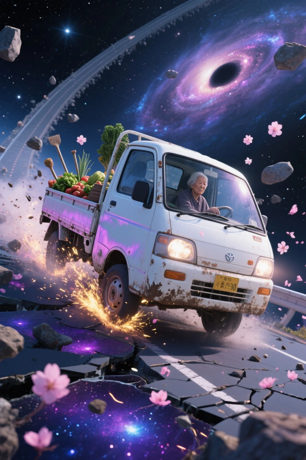 写真のような写実的な小型の日本のケイトラックのシーン (軽トラ) に吊り下げられた壊れた宇宙の高速道路を横に漂う白い軽トラック, から少し錆びて泥だらけの, 深い空間, は、低い正面四分の一角, キャブ内では、; 一部の道路は、ブラックホールや光るタイムリフトにらせん状になっています

トラックのヘッドライトが微小小惑星や漂流する破片を突き抜ける {x} トラックの荷台には野菜や農具がいっぱい詰まっていて、慣性で跳ね返っている

トラックの後ろには、遠くの星という超現実的な宇宙環境が広がっています。, 渦巻く銀河, 星雲, と断片化された石造りの高速道路が隙間に浮かんでいます, の後輪が水上道路の割れた表面を滑り出すと、輝くスターダストとプラズマの火花が飛び出します, 、神秘的なオーラのように後ろを走る桜の花びらと光る粒子のもやを照らしています, — 彼女のシルエットは穏やかで落ち着きがあり、落ち着きがあり, は、その壮大さに影が薄くなった

ガラス越しにはほとんど見えない星明かりとドラマチックな照明が混ざり合う, 星雲の輝き, とかすかなレンズフレア; トラックのボディは変化する宇宙紫の色合いを反射します, ブルー, x} と、次元をまたいで変動するときの金

移動中の車両全体をキャプチャするメインカラーパレット: オフホワイトのトラック, と銀河系の紫がかったかすかなレンズフレア, deep ブルーs, 輝く金色, を示しています。宇宙環境