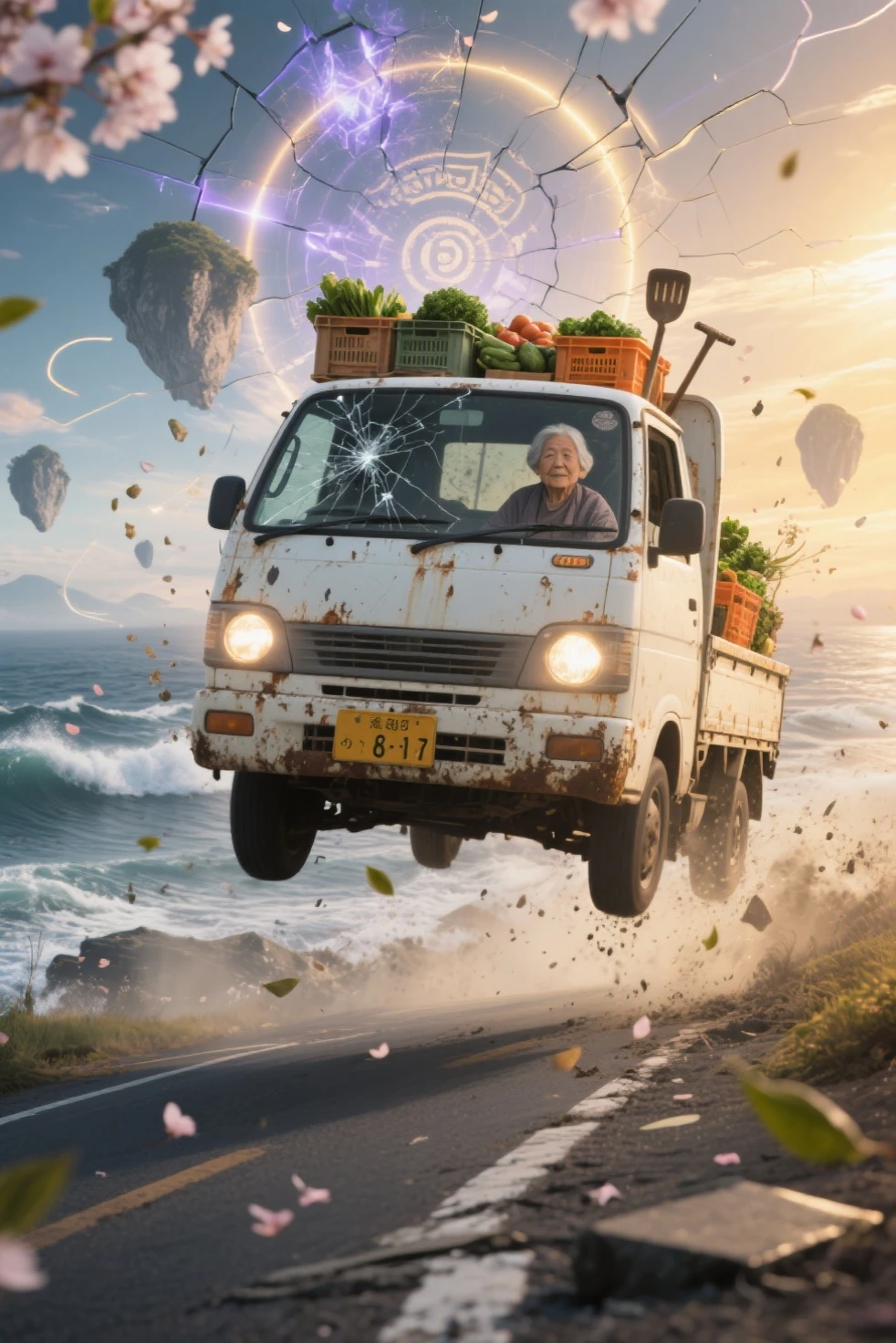 写真のような写実的な小型の日本のケイトラックのシーン (軽トラ) に吊り下げられた壊れた宇宙の高速道路を横に漂う白い軽トラック, から少し錆びて泥だらけの, 深い空間, は、低い正面四分の一角, キャブ内では、; 一部の道路は、ブラックホールや光るタイムリフトにらせん状になっています

トラックのヘッドライトが微小小惑星や漂流する破片を突き抜ける {x} トラックの荷台には野菜や農具がいっぱい詰まっていて、慣性で跳ね返っている

トラックの後ろには、遠くの星という超現実的な宇宙環境が広がっています。, 渦巻く銀河, 星雲, と断片化された石造りの高速道路が隙間に浮かんでいます, の後輪が水上道路の割れた表面を滑り出すと、輝くスターダストとプラズマの火花が飛び出します, 、神秘的なオーラのように後ろを走る桜の花びらと光る粒子のもやを照らしています, — 彼女のシルエットは穏やかで落ち着きがあり、落ち着きがあり, は、その壮大さに影が薄くなった

ガラス越しにはほとんど見えない星明かりとドラマチックな照明が混ざり合う, 星雲の輝き, とかすかなレンズフレア; トラックのボディは変化する宇宙紫の色合いを反射します, ブルー, x} と、次元をまたいで変動するときの金

移動中の車両全体をキャプチャするメインカラーパレット: オフホワイトのトラック, と銀河系の紫がかったかすかなレンズフレア, deep ブルーs, 輝く金色, を示しています。宇宙環境