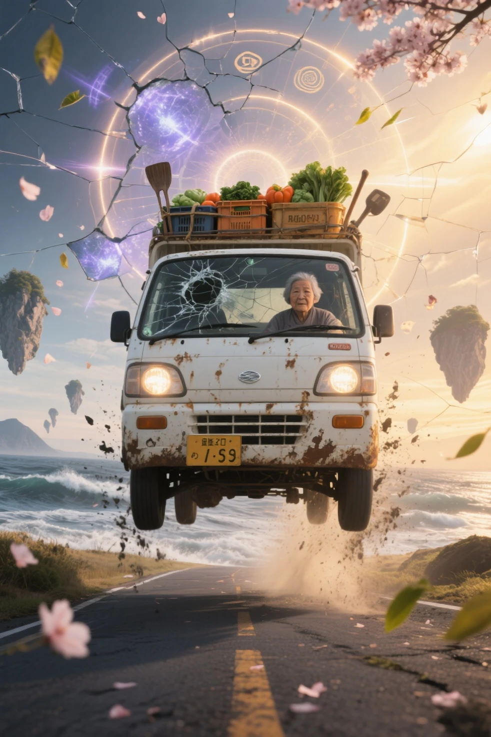 写真のような写実的な小型の日本のケイトラックのシーン (軽トラ) に吊り下げられた壊れた宇宙の高速道路を横に漂う白い軽トラック, から少し錆びて泥だらけの, 深い空間, は、低い正面四分の一角, キャブ内では、; 一部の道路は、ブラックホールや光るタイムリフトにらせん状になっています

トラックのヘッドライトが微小小惑星や漂流する破片を突き抜ける {x} トラックの荷台には野菜や農具がいっぱい詰まっていて、慣性で跳ね返っている

トラックの後ろには、遠くの星という超現実的な宇宙環境が広がっています。, 渦巻く銀河, 星雲, と断片化された石造りの高速道路が隙間に浮かんでいます, の後輪が水上道路の割れた表面を滑り出すと、輝くスターダストとプラズマの火花が飛び出します, 、神秘的なオーラのように後ろを走る桜の花びらと光る粒子のもやを照らしています, — 彼女のシルエットは穏やかで落ち着きがあり、落ち着きがあり, は、その壮大さに影が薄くなった

ガラス越しにはほとんど見えない星明かりとドラマチックな照明が混ざり合う, 星雲の輝き, とかすかなレンズフレア; トラックのボディは変化する宇宙紫の色合いを反射します, ブルー, x} と、次元をまたいで変動するときの金

移動中の車両全体をキャプチャするメインカラーパレット: オフホワイトのトラック, と銀河系の紫がかったかすかなレンズフレア, deep ブルーs, 輝く金色, を示しています。宇宙環境