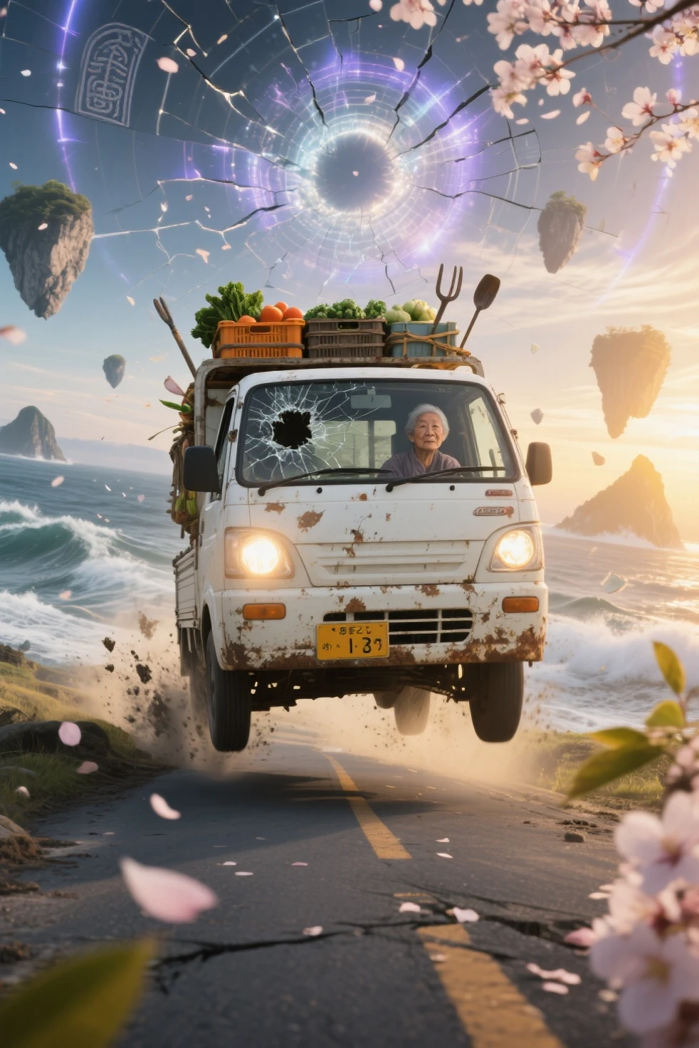 写真のような写実的な小型の日本のケイトラックのシーン (軽トラ) に吊り下げられた壊れた宇宙の高速道路を横に漂う白い軽トラック, から少し錆びて泥だらけの, 深い空間, は、低い正面四分の一角, キャブ内では、; 一部の道路は、ブラックホールや光るタイムリフトにらせん状になっています

トラックのヘッドライトが微小小惑星や漂流する破片を突き抜ける {x} トラックの荷台には野菜や農具がいっぱい詰まっていて、慣性で跳ね返っている

トラックの後ろには、遠くの星という超現実的な宇宙環境が広がっています。, 渦巻く銀河, 星雲, と断片化された石造りの高速道路が隙間に浮かんでいます, の後輪が水上道路の割れた表面を滑り出すと、輝くスターダストとプラズマの火花が飛び出します, 、神秘的なオーラのように後ろを走る桜の花びらと光る粒子のもやを照らしています, — 彼女のシルエットは穏やかで落ち着きがあり、落ち着きがあり, は、その壮大さに影が薄くなった

ガラス越しにはほとんど見えない星明かりとドラマチックな照明が混ざり合う, 星雲の輝き, とかすかなレンズフレア; トラックのボディは変化する宇宙紫の色合いを反射します, ブルー, x} と、次元をまたいで変動するときの金

移動中の車両全体をキャプチャするメインカラーパレット: オフホワイトのトラック, と銀河系の紫がかったかすかなレンズフレア, deep ブルーs, 輝く金色, を示しています。宇宙環境