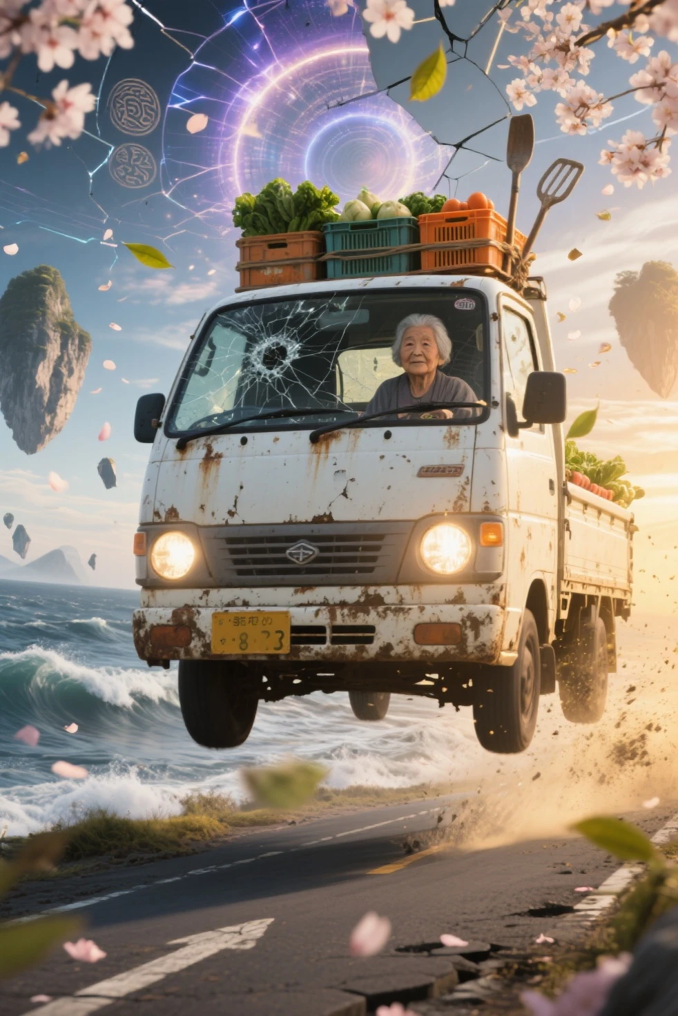 写真のような写実的な小型の日本のケイトラックのシーン (軽トラ) に吊り下げられた壊れた宇宙の高速道路を横に漂う白い軽トラック, から少し錆びて泥だらけの, 深い空間, は、低い正面四分の一角, キャブ内では、; 一部の道路は、ブラックホールや光るタイムリフトにらせん状になっています

トラックのヘッドライトが微小小惑星や漂流する破片を突き抜ける {x} トラックの荷台には野菜や農具がいっぱい詰まっていて、慣性で跳ね返っている

トラックの後ろには、遠くの星という超現実的な宇宙環境が広がっています。, 渦巻く銀河, 星雲, と断片化された石造りの高速道路が隙間に浮かんでいます, の後輪が水上道路の割れた表面を滑り出すと、輝くスターダストとプラズマの火花が飛び出します, 、神秘的なオーラのように後ろを走る桜の花びらと光る粒子のもやを照らしています, — 彼女のシルエットは穏やかで落ち着きがあり、落ち着きがあり, は、その壮大さに影が薄くなった

ガラス越しにはほとんど見えない星明かりとドラマチックな照明が混ざり合う, 星雲の輝き, とかすかなレンズフレア; トラックのボディは変化する宇宙紫の色合いを反射します, ブルー, x} と、次元をまたいで変動するときの金

移動中の車両全体をキャプチャするメインカラーパレット: オフホワイトのトラック, と銀河系の紫がかったかすかなレンズフレア, deep ブルーs, 輝く金色, を示しています。宇宙環境