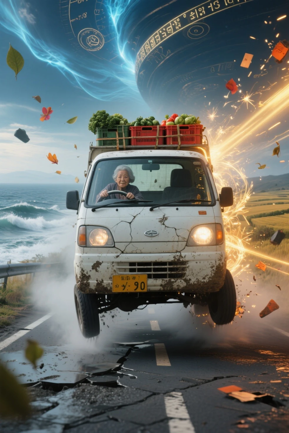 写真のような写実的な小型の日本のケイトラックのシーン (軽トラ) に吊り下げられた壊れた宇宙の高速道路を横に漂う白い軽トラック, から少し錆びて泥だらけの, 深い空間, は、低い正面四分の一角, キャブ内では、; 一部の道路は、ブラックホールや光るタイムリフトにらせん状になっています

トラックのヘッドライトが微小小惑星や漂流する破片を突き抜ける {x} トラックの荷台には野菜や農具がいっぱい詰まっていて、慣性で跳ね返っている

トラックの後ろには、遠くの星という超現実的な宇宙環境が広がっています。, 渦巻く銀河, 星雲, と断片化された石造りの高速道路が隙間に浮かんでいます, の後輪が水上道路の割れた表面を滑り出すと、輝くスターダストとプラズマの火花が飛び出します, 、神秘的なオーラのように後ろを走る桜の花びらと光る粒子のもやを照らしています, — 彼女のシルエットは穏やかで落ち着きがあり、落ち着きがあり, は、その壮大さに影が薄くなった

ガラス越しにはほとんど見えない星明かりとドラマチックな照明が混ざり合う, 星雲の輝き, とかすかなレンズフレア; トラックのボディは変化する宇宙紫の色合いを反射します, ブルー, x} と、次元をまたいで変動するときの金

移動中の車両全体をキャプチャするメインカラーパレット: オフホワイトのトラック, と銀河系の紫がかったかすかなレンズフレア, deep ブルーs, 輝く金色, を示しています。宇宙環境