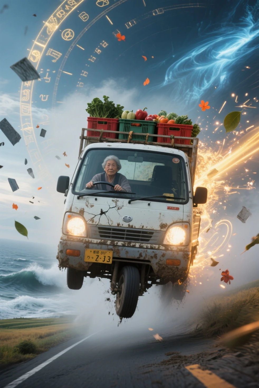 写真のような写実的な小型の日本のケイトラックのシーン (軽トラ) に吊り下げられた壊れた宇宙の高速道路を横に漂う白い軽トラック, から少し錆びて泥だらけの, 深い空間, は、低い正面四分の一角, キャブ内では、; 一部の道路は、ブラックホールや光るタイムリフトにらせん状になっています

トラックのヘッドライトが微小小惑星や漂流する破片を突き抜ける {x} トラックの荷台には野菜や農具がいっぱい詰まっていて、慣性で跳ね返っている

トラックの後ろには、遠くの星という超現実的な宇宙環境が広がっています。, 渦巻く銀河, 星雲, と断片化された石造りの高速道路が隙間に浮かんでいます, の後輪が水上道路の割れた表面を滑り出すと、輝くスターダストとプラズマの火花が飛び出します, 、神秘的なオーラのように後ろを走る桜の花びらと光る粒子のもやを照らしています, — 彼女のシルエットは穏やかで落ち着きがあり、落ち着きがあり, は、その壮大さに影が薄くなった

ガラス越しにはほとんど見えない星明かりとドラマチックな照明が混ざり合う, 星雲の輝き, とかすかなレンズフレア; トラックのボディは変化する宇宙紫の色合いを反射します, ブルー, x} と、次元をまたいで変動するときの金

移動中の車両全体をキャプチャするメインカラーパレット: オフホワイトのトラック, と銀河系の紫がかったかすかなレンズフレア, deep ブルーs, 輝く金色, を示しています。宇宙環境