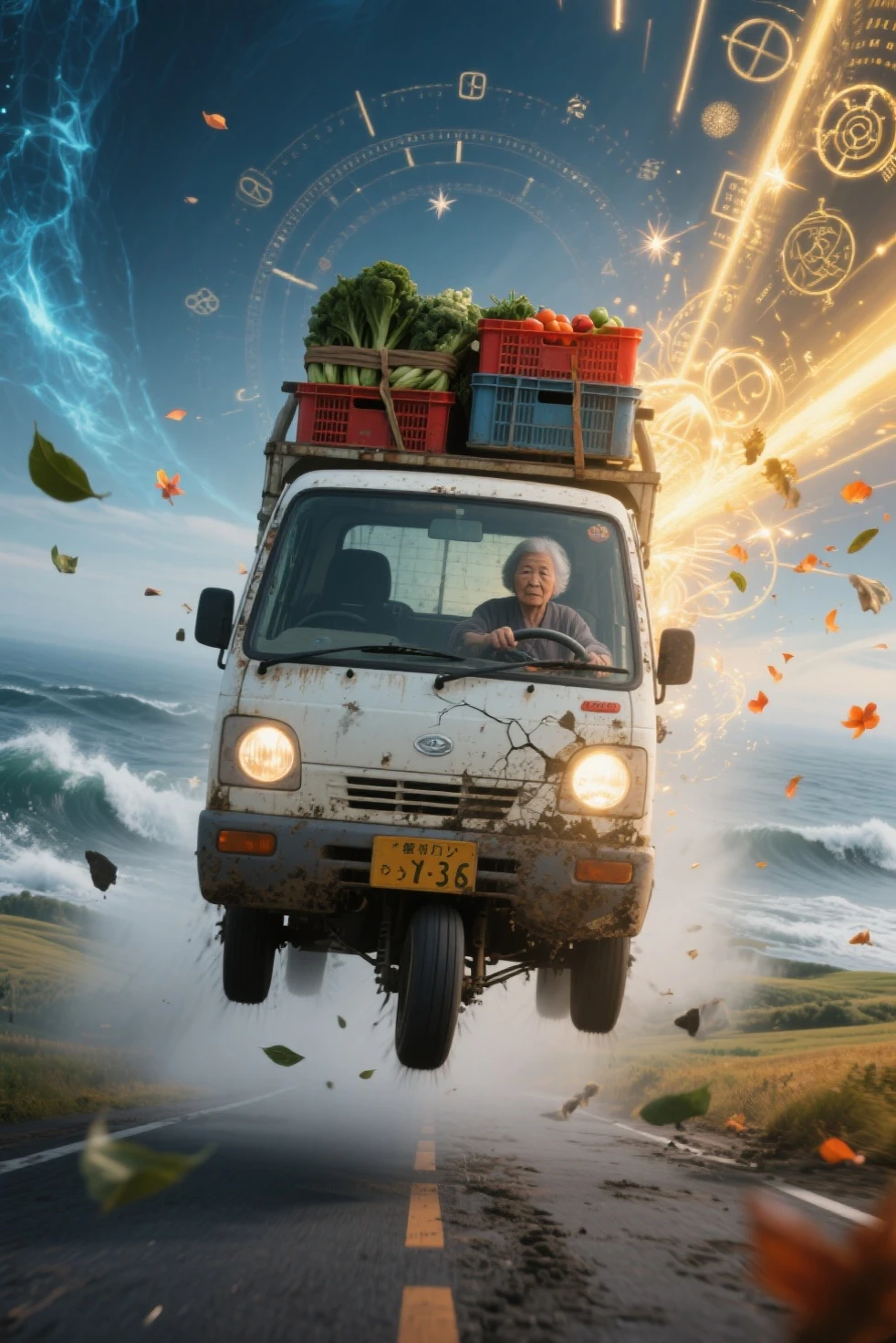 写真のような写実的な小型の日本のケイトラックのシーン (軽トラ) に吊り下げられた壊れた宇宙の高速道路を横に漂う白い軽トラック, から少し錆びて泥だらけの, 深い空間, は、低い正面四分の一角, キャブ内では、; 一部の道路は、ブラックホールや光るタイムリフトにらせん状になっています

トラックのヘッドライトが微小小惑星や漂流する破片を突き抜ける {x} トラックの荷台には野菜や農具がいっぱい詰まっていて、慣性で跳ね返っている

トラックの後ろには、遠くの星という超現実的な宇宙環境が広がっています。, 渦巻く銀河, 星雲, と断片化された石造りの高速道路が隙間に浮かんでいます, の後輪が水上道路の割れた表面を滑り出すと、輝くスターダストとプラズマの火花が飛び出します, 、神秘的なオーラのように後ろを走る桜の花びらと光る粒子のもやを照らしています, — 彼女のシルエットは穏やかで落ち着きがあり、落ち着きがあり, は、その壮大さに影が薄くなった

ガラス越しにはほとんど見えない星明かりとドラマチックな照明が混ざり合う, 星雲の輝き, とかすかなレンズフレア; トラックのボディは変化する宇宙紫の色合いを反射します, ブルー, x} と、次元をまたいで変動するときの金

移動中の車両全体をキャプチャするメインカラーパレット: オフホワイトのトラック, と銀河系の紫がかったかすかなレンズフレア, deep ブルーs, 輝く金色, を示しています。宇宙環境