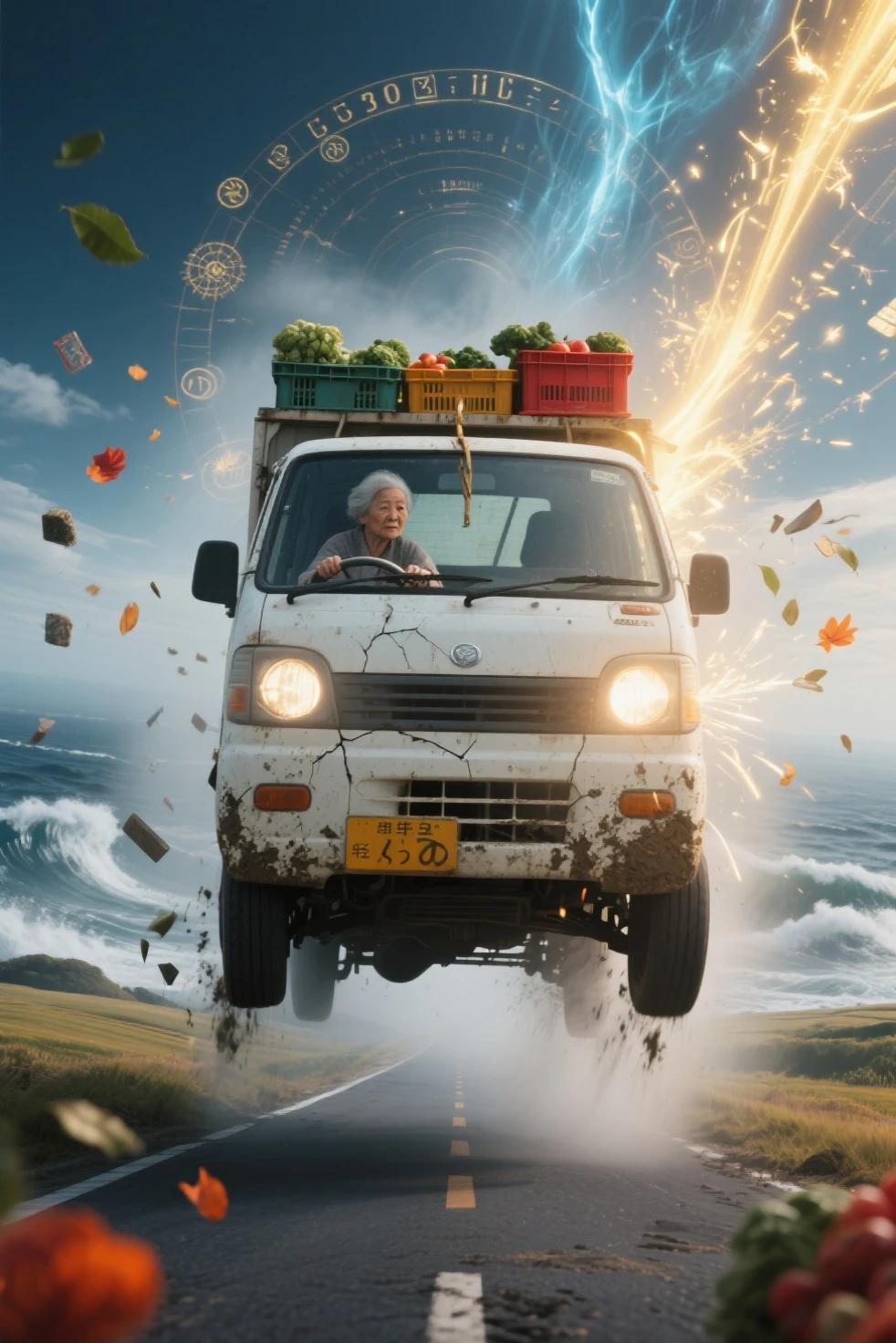 写真のような写実的な小型の日本のケイトラックのシーン (軽トラ) に吊り下げられた壊れた宇宙の高速道路を横に漂う白い軽トラック, から少し錆びて泥だらけの, 深い空間, は、低い正面四分の一角, キャブ内では、; 一部の道路は、ブラックホールや光るタイムリフトにらせん状になっています

トラックのヘッドライトが微小小惑星や漂流する破片を突き抜ける {x} トラックの荷台には野菜や農具がいっぱい詰まっていて、慣性で跳ね返っている

トラックの後ろには、遠くの星という超現実的な宇宙環境が広がっています。, 渦巻く銀河, 星雲, と断片化された石造りの高速道路が隙間に浮かんでいます, の後輪が水上道路の割れた表面を滑り出すと、輝くスターダストとプラズマの火花が飛び出します, 、神秘的なオーラのように後ろを走る桜の花びらと光る粒子のもやを照らしています, — 彼女のシルエットは穏やかで落ち着きがあり、落ち着きがあり, は、その壮大さに影が薄くなった

ガラス越しにはほとんど見えない星明かりとドラマチックな照明が混ざり合う, 星雲の輝き, とかすかなレンズフレア; トラックのボディは変化する宇宙紫の色合いを反射します, ブルー, x} と、次元をまたいで変動するときの金

移動中の車両全体をキャプチャするメインカラーパレット: オフホワイトのトラック, と銀河系の紫がかったかすかなレンズフレア, deep ブルーs, 輝く金色, を示しています。宇宙環境