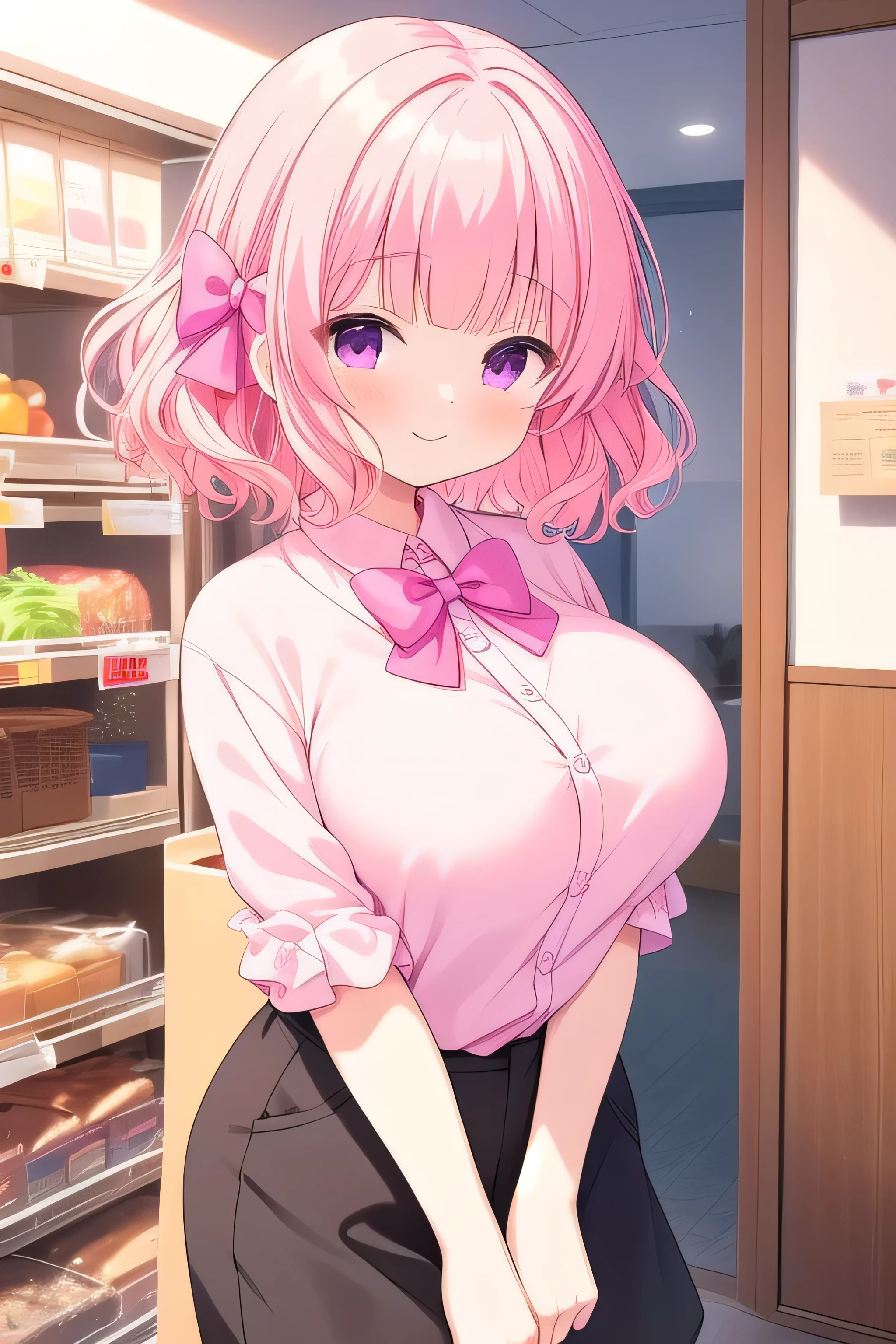 (masterpiece, best quality), highly detailed background, perfect lightingbest quality, nittamoeka, solo, indoors, pink hair, hair bow, pink bow, curly hair, short hair, purple eyes, pink eyes, large breasts, white shirt, black short pants, smile, tall adults, beautiful, fully shoulders, on store,