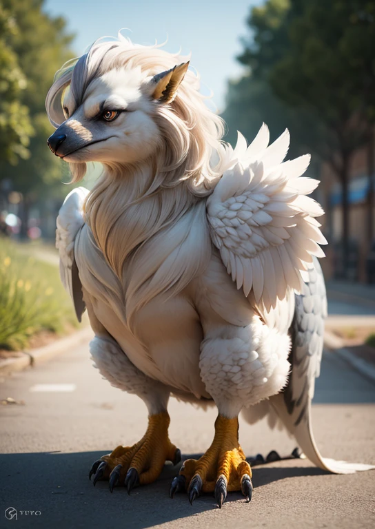 Avian, male, clothed, village, sexy, flat body, small waist, white body, heavy ass, mediodia, tail, perspective, realistic fur, under view, large legs, thick thighs, wide hips, by bebebebebe, big large flaccid penis, balls