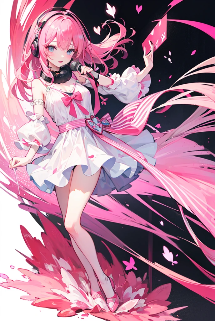 The whole body of a kind-looking girl with long pink hair and twin tails