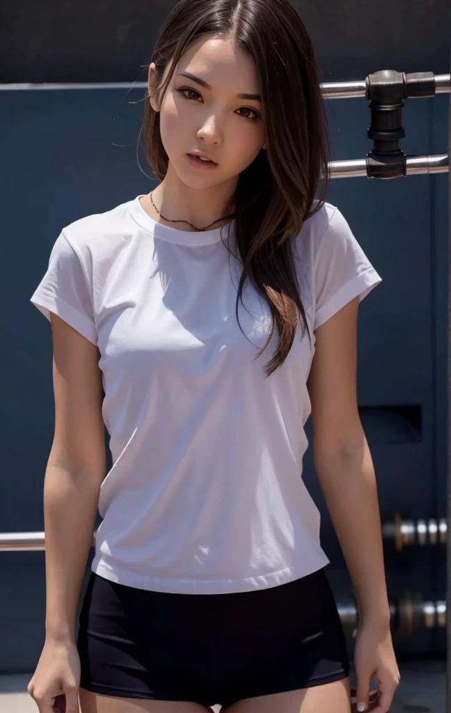 Young woman use A t-shirt covers her entire body, mouth closed, head covered, medium breasts visible, attached 