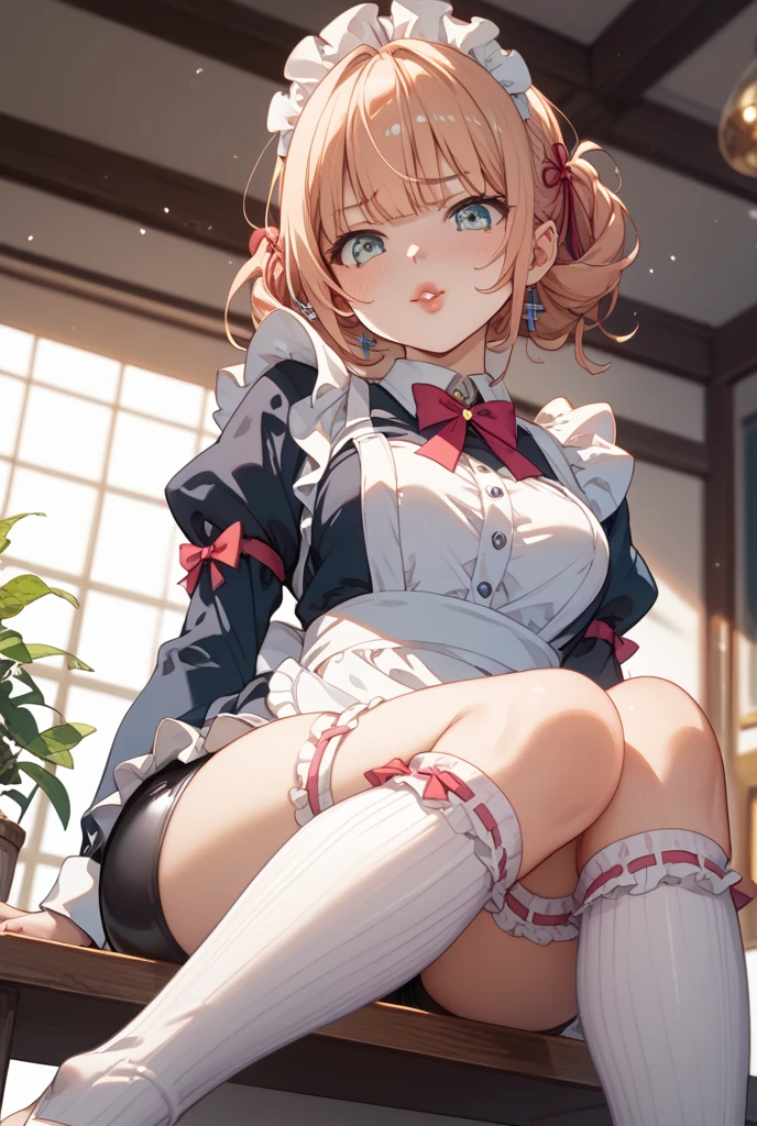 masterpiece, best quality, absurdres, illustration, 8k, perfect shadows,perfect lighting,hdr, ambient lighting,realistic, ultra-realistic, cowboy shot, Photo realistic,(hyperrealistic:1)textured skin,shiny skin,skindentation,body builder, beautiful body, (blush:1.2)Natsuki,Mayoiga no Oneesan blonde_hair, brown_eyes,twintails (wearing shirt,sleeveless shirt,frilled_shirt,bow,elbow_gloves,gloves,huge_breasts, maid_headdress panties, thighhighs, thighs, underwear, waitress, white_panties,pink_skirt,pink_apron,Pink_bow,blue_gloves) (hourglass body, thin waist,very slim waist)extremely detailed face,detailed eye makeup, detail face, nice detailed eyes,nice hands, perfect hands <lora:LoRA_testNatsuki:.50><lora:beautifulDetailedEyes_v10:0.50> (realistic pupils,realistic iris:1) heavy eye makeup<lora:add_detail:.50> <lyco:GoodHands-beta2:.90><lora:Amazon-V3:.40>standing,stretched( spread legs:1.2), leg support, <lora:Cosmic Rainbow V1:.60>