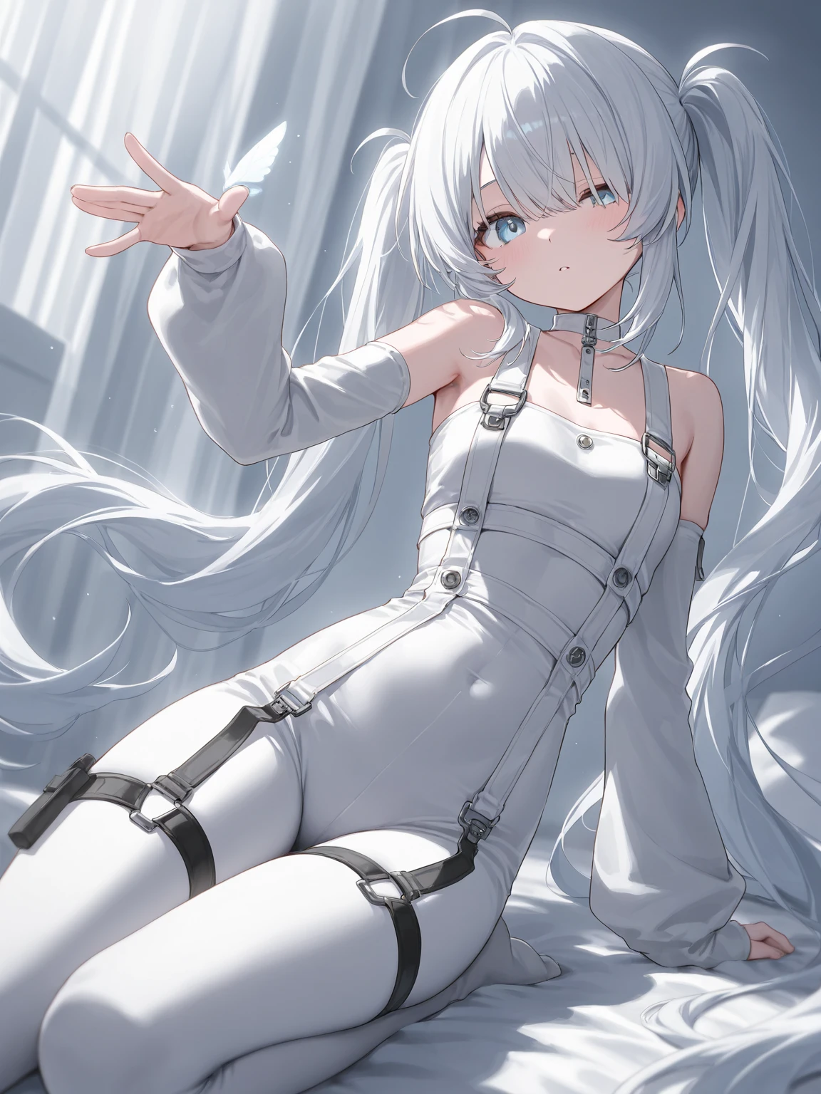 ruanyi0111, belt, white bodysuit, thigh boots, white gloves, katana, white cloak, sheathed, necktie,　
 (((Sexy aqua fur coat)), Aqua fur coat outfit,
Put your hand on your cheek,
Arrogant look, Domineering smile,
High resolution,Sharp focus,(Super detailed,Very detailed),(Very detailed CG unity 8k wallpaper),(((Vibrant colors))),{best illustration},
Iooikles,Platinum Blonde Hair,Twin tails, hair ornaments, (complete anatomy),
Complex eyes,Beautiful Eyes,Symmetrical eyes,Big eyes:1.5,Seductive eyes, (((dark skin,dark_skin,lustrous skin:1.5,bright skin: 1.5,
skin tanned, shiny skin,very shiny skin,Shiny body,plastic glitter, 
skin,exaggerated shiny skin,illuminated skin))),Perfect Fingers,
(Detailed body),(Detailed face)), cute,Lewd,erotic,Bold,Camel Toe,
small breasts,Revealing clothing,show skin,
Labyrinth of Darkness, white cobblestone, Dark shadows,  Dimming light, Hair flutters violently,
leaning back, (extreme close-up of thigh:1.5),  (The view is from very close below:1.5), Pushing hips forward,  (sitting), Open legs wide, spread legs, arms behind back,
