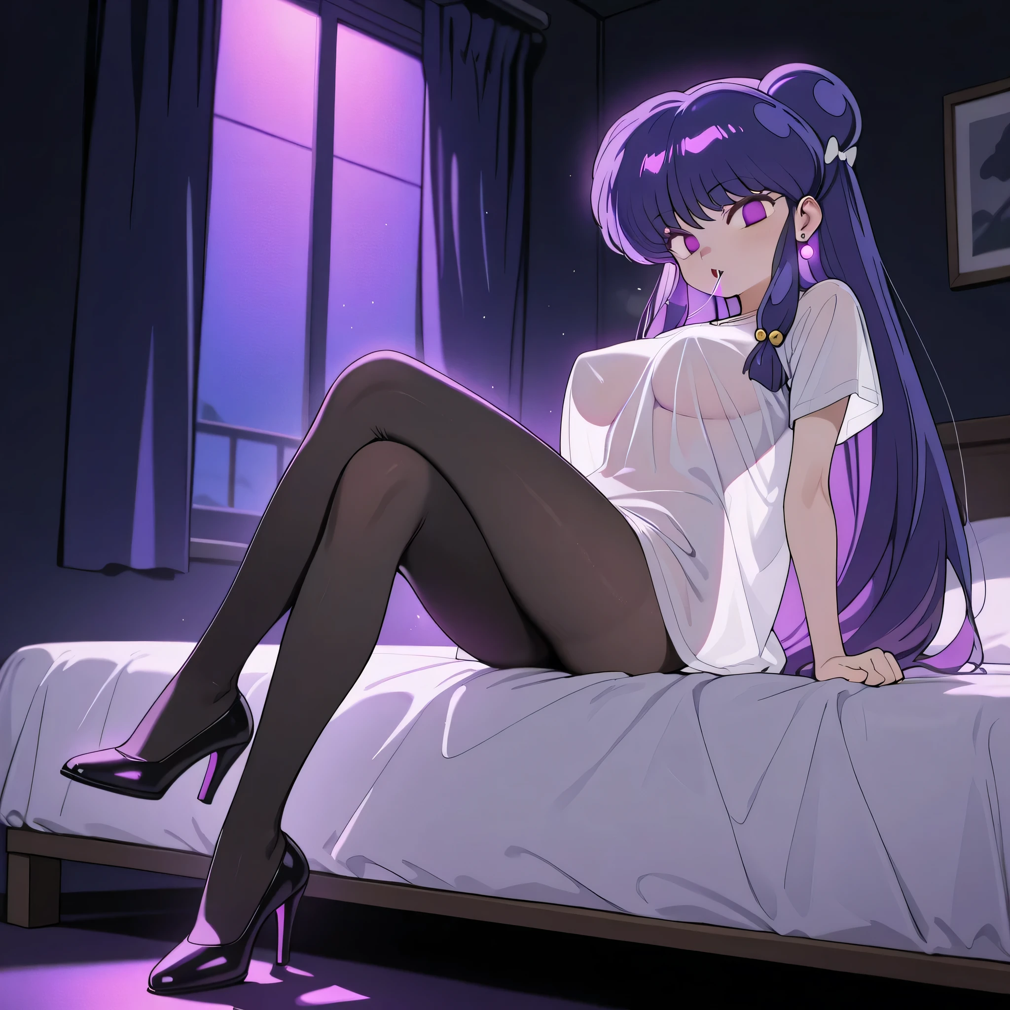 score_9, score_8_up, score_7_up, 1girl, solo, (top quality, 8k), high resolution, smooth, best quality, highly detailed, looking at viewer, in a dark bedroom, purple light, (dark room), large breasts, glowing hypnotic waves in the background, at night, ((perfect hands)), beautiful hands, ((slim fingers)), expressionless, masterpiece, high quality, absurd resolution, blush, smiling, hypnotic eyes, glowing purple eyes, mouth open, drooling, saliva trail, empty eyes, naked shirt, white shirt, see-through silhouette, white t-shirt, see through shirt, impossible clothing, boob tent, black pantyhose, perky breasts, high heels, being hypnotized, full body shot, sitting in bed, leaning back, hands on bed, jewelry, earrings, Shampoo, Ranma 1/2, purple hair, very long hair, hair bun, very thin legs, long legs, sitting in bed, crossed legs, black pantyhose, looking down