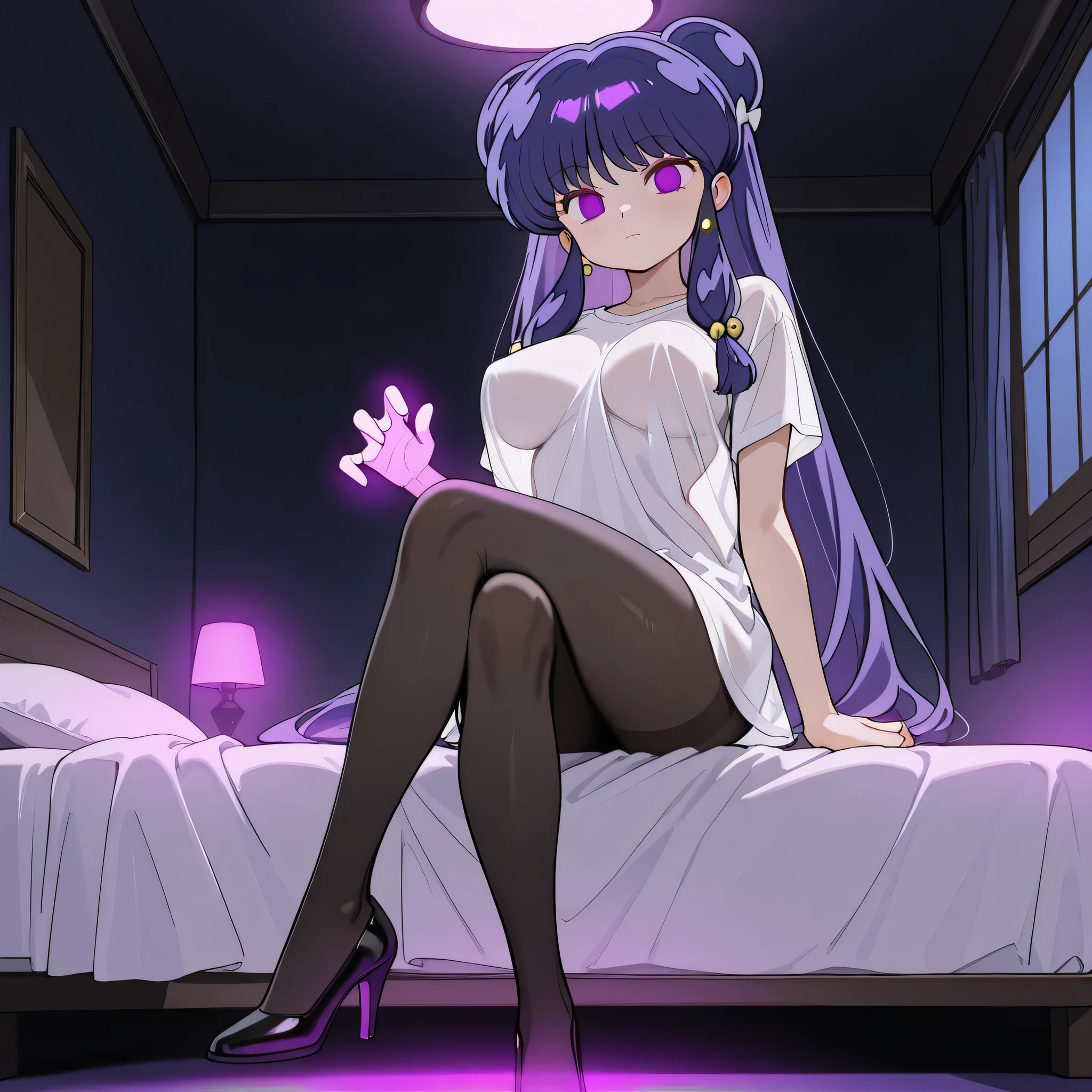 score_9, score_8_up, score_7_up, 1girl, solo, (top quality, 8k), high resolution, smooth, best quality, highly detailed, looking at viewer, in a dark bedroom, purple light, (dark room), large breasts, glowing hypnotic waves in the background, at night, ((perfect hands)), beautiful hands, ((slim fingers)), expressionless, masterpiece, high quality, absurd resolution, blush, smiling, hypnotic eyes, glowing purple eyes, empty eyes, naked shirt, white shirt, see-through silhouette, white t-shirt, see through shirt, impossible clothing, boob tent, black pantyhose, perky breasts, high heels, being hypnotized, full body shot, sitting in bed, leaning back, hands on bed, jewelry, earrings, Shampoo, Ranma 1/2, purple hair, very long hair, hair bun, very thin legs, long legs, sitting in bed, crossed legs, black pantyhose, looking down