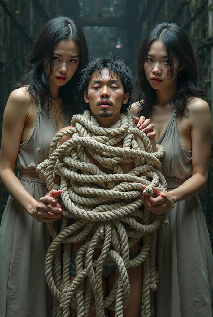 1boy、Photo Quality、Handsome Men、Mash Hair、Japanese male, 、Completely naked、Full nudity、erection、Huge penis、Highest quality、Realistic、beautiful、Sad look、 ((((Completely tied up with rope)))), ((((A very tight rope is crisscrossed over the chest)))),(((Body bound with tight rope))) 