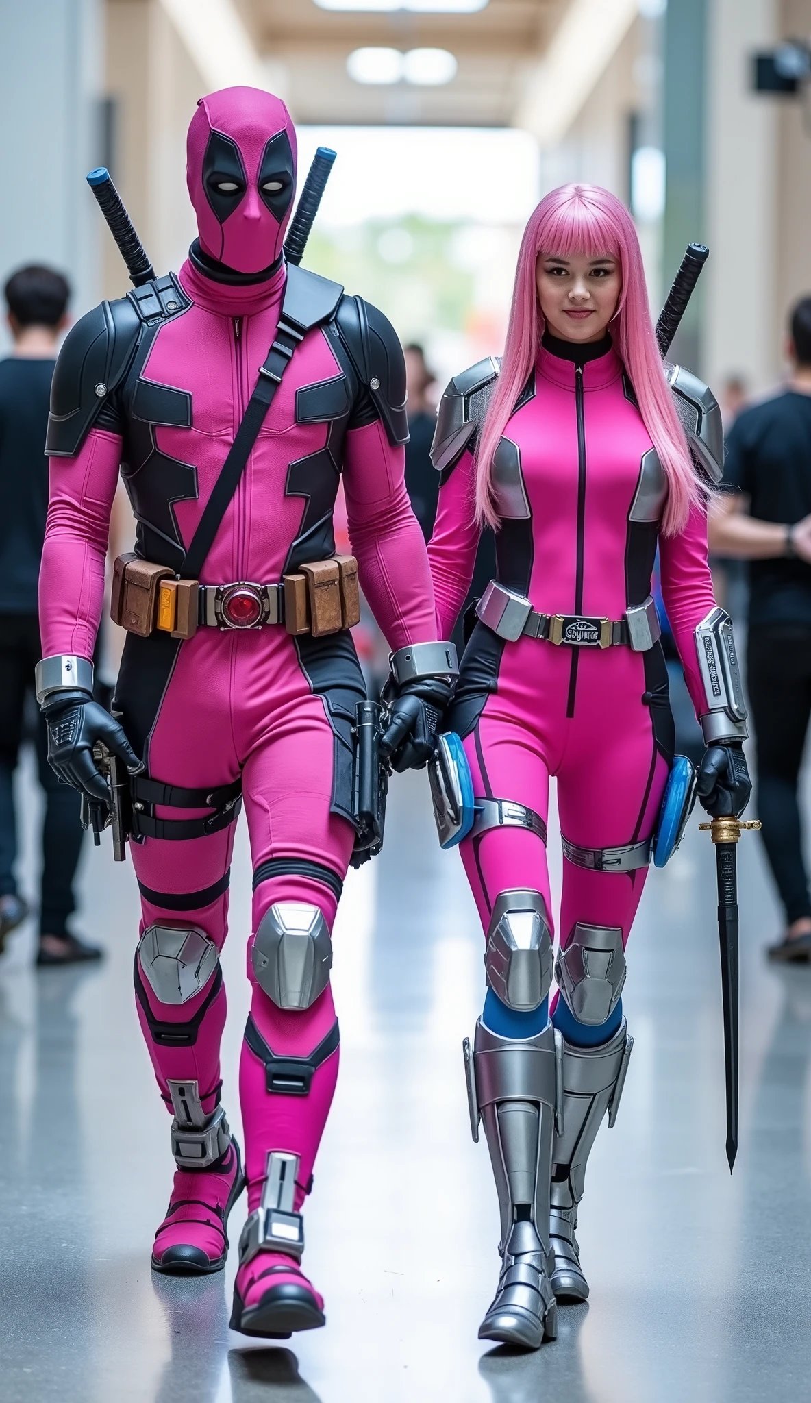 character: 1 man with mask full head wearing futuristic pink Deadpool body suit with silver armor futuristic blue accents , and 1 woman pink hair Long Bangs Wearing futuristic pink Deadpool body suit with silver armor futuristic blue accents. Their facial skin is pale. Each of them had two katana swords on their backs.
action: Walk straigh. They look at the camera. They held hands.
Expression : smiling.
Background : A bright indoor public space , with people vaguely seen in the distance, shows that this picture was taken at a fun event or get-together, fashion style Costume. They radiate happiness as they walk confidently in their costumes. full body view.