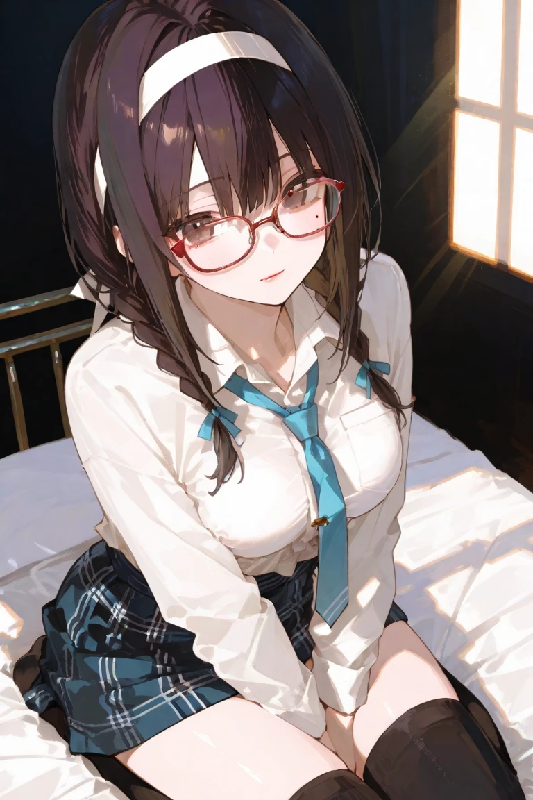 Anime girl with glasses and skirt lying on bed, a hyperRealistic , hyperRealistic , Anime Moe Art Style, Realistic , Nagatoro, Enchanting anime girl, Cute girl anime visuals, Naughty anime style, Naughty, Anime Best Girl, , Realistic young gravure idol, Cute Anime Girl