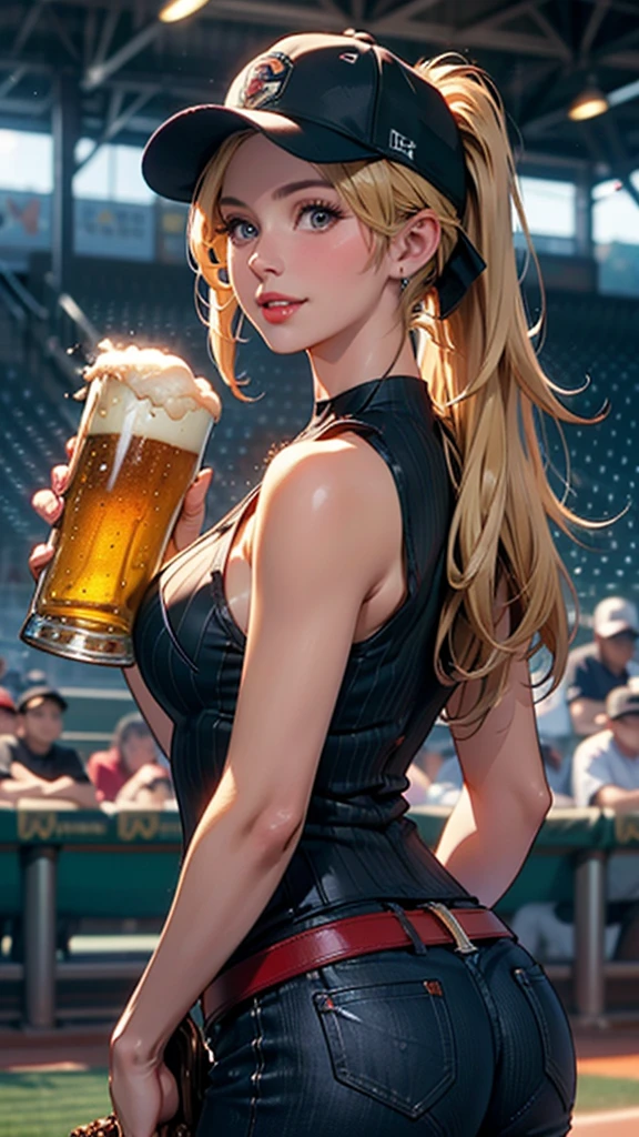 masterpiece, best quality, highres, 1girl, cammy white, twin braids, long hair, blonde hair, antenna hair, beret, (red headwear:1.3), Blue eyes, scar on cheek, green leotard, large boob 36 DD, sleeveless, red gloves, fingerless gloves, Camouflage,in a bar, ((drinking beer from a beer mug)), ((beer poster style)), cowboy shot, standing, outdoors, arms at sides, straight- A photorealistic portrait of a 35 year old American girl with long flowing blonde hair and striking Blue eyes and wearing headphones. It should have a natural, approachable expression and be illuminated by soft, golden tones. sunlight hour. Very detailed,masterpiece,Highest quality,Very detailed,Sharp focus,Portraiture,figure,teeth,drinking, One girl, whole body,