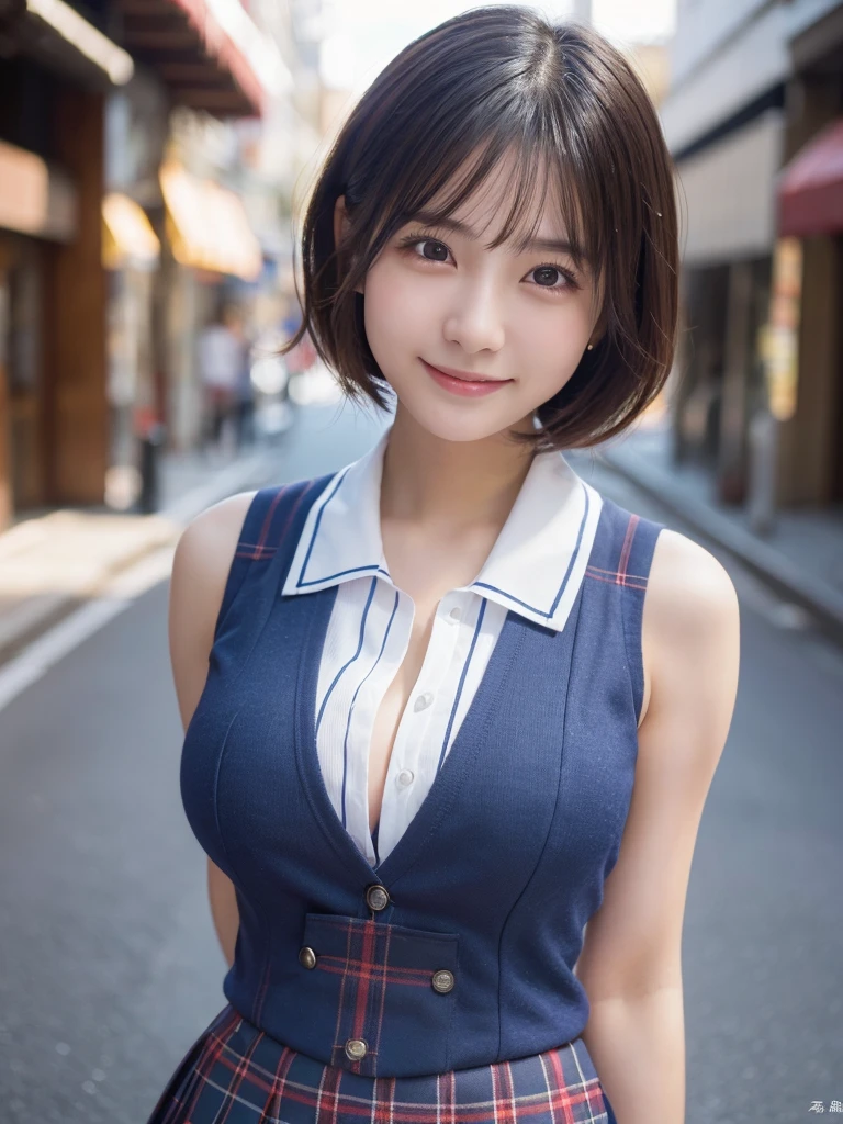 cleavage,cleavage,bursting breast,full_body,mini skirt,tall stature,(sailor uniform:1.2),(huge breast,cleavage,gigantic breast:1.2),natural make,beautiful face,smile,bob,(Highly detailed face and skin texture:1.4),(solo:1.3), best quality ,masterpiece,ultra high res,(photo realistic:1.3),(8k uhd,RAW photo:1.2),35mm lens, f/1,(Detailed eyes:1.2), Double eyelid