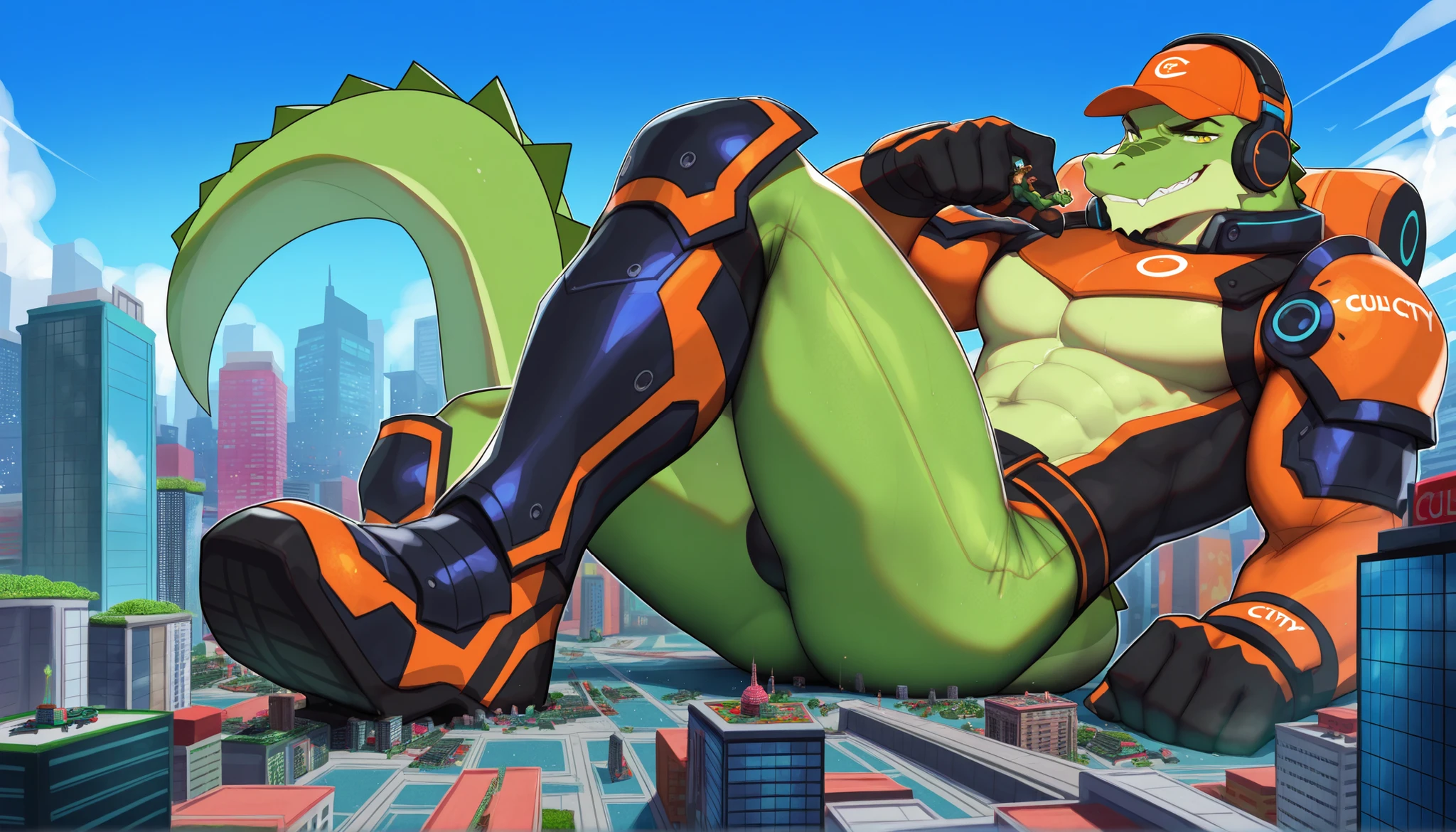 solo, anthro, furry, furry male, Aligator,((spiny scales,scalie, smooth body)), (alligator print), black pupils, orange body, orange scales, glowing blue eyes, glowing eyes, tail, detailed  scales, detailed face, detailed eyes, bare chest, (glowing Thong, bulge glowing collar, sneakers), sci-fi club, (by null-ghost,by raccoon21, masterpiece, high quality, hi-res, 8k, hd), standing,close-view portrait, looking at viewer, night, indoors, happy expression, Dancing, dance pole, stripper,