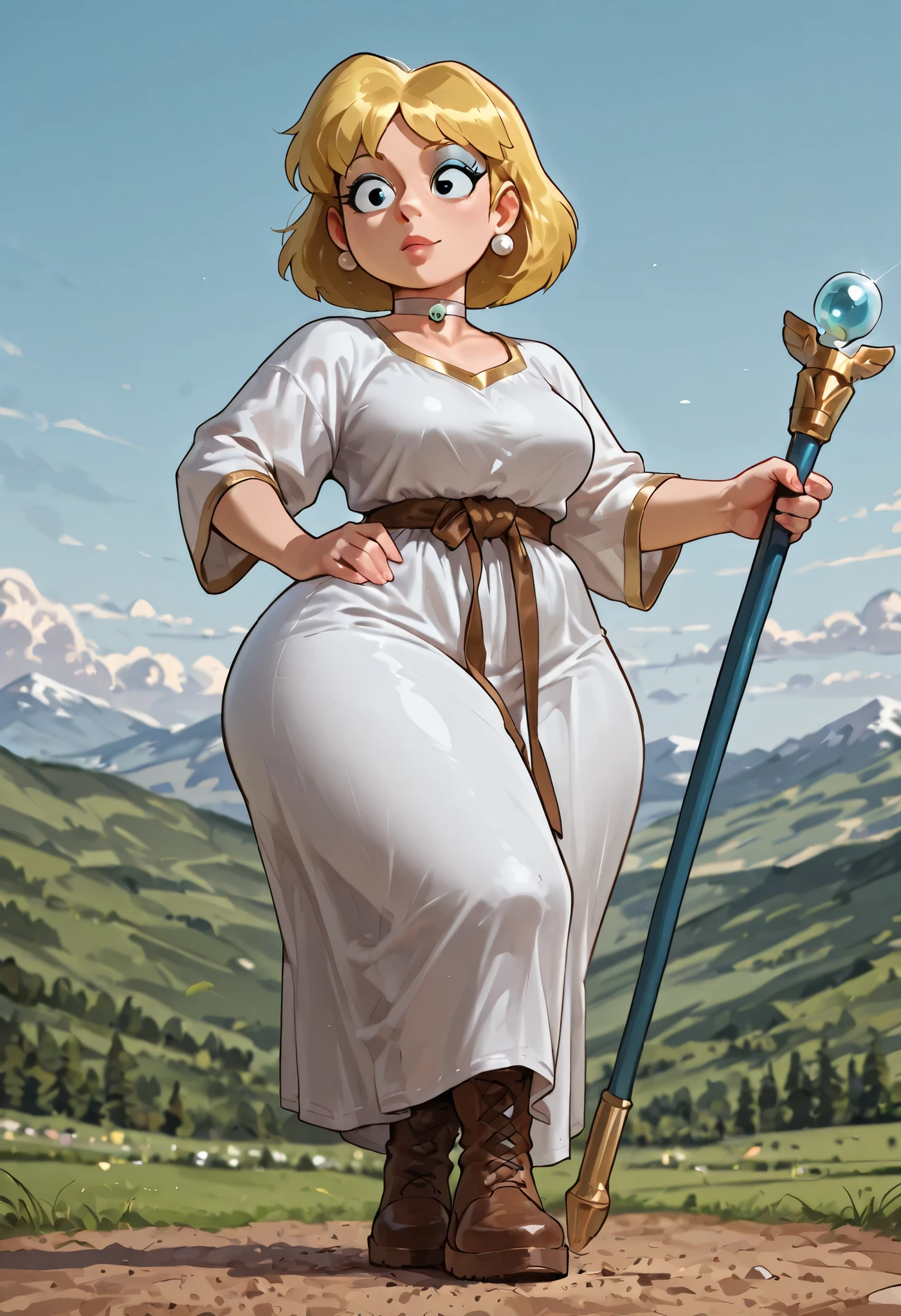 Lori Loud. medium breasts, huge hips, blonde hair, black eyes, blue eyeshadow, pearl earrings, white earrings. choker.| riding on a,wide mountain background,amazing white robe wizard Gandalf holding his shining staff riding a white horse stepping towards the orcs movie photo,award-winning photo,(depth of field blur:1.1),multiple elements,transparent picture,clear layers,distinct light and dark,rich details,clear focus,medium sea blue and radiant dark tones,yellow-green color matching,light cyan warm tones,