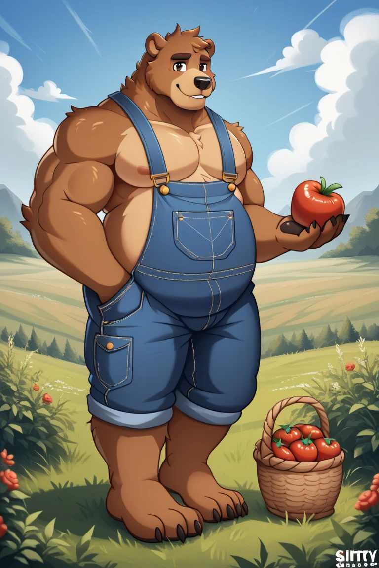 8K, Wide expansive Victorian era County Manor in background, huge muscular Gardener, old man, kahki shorts with large bulge, , no shirt, hairy chest, grey hair, bald head, beard, pushing wheelbarrow in vegetable garden, smiling friendly face, sweating under the sun,