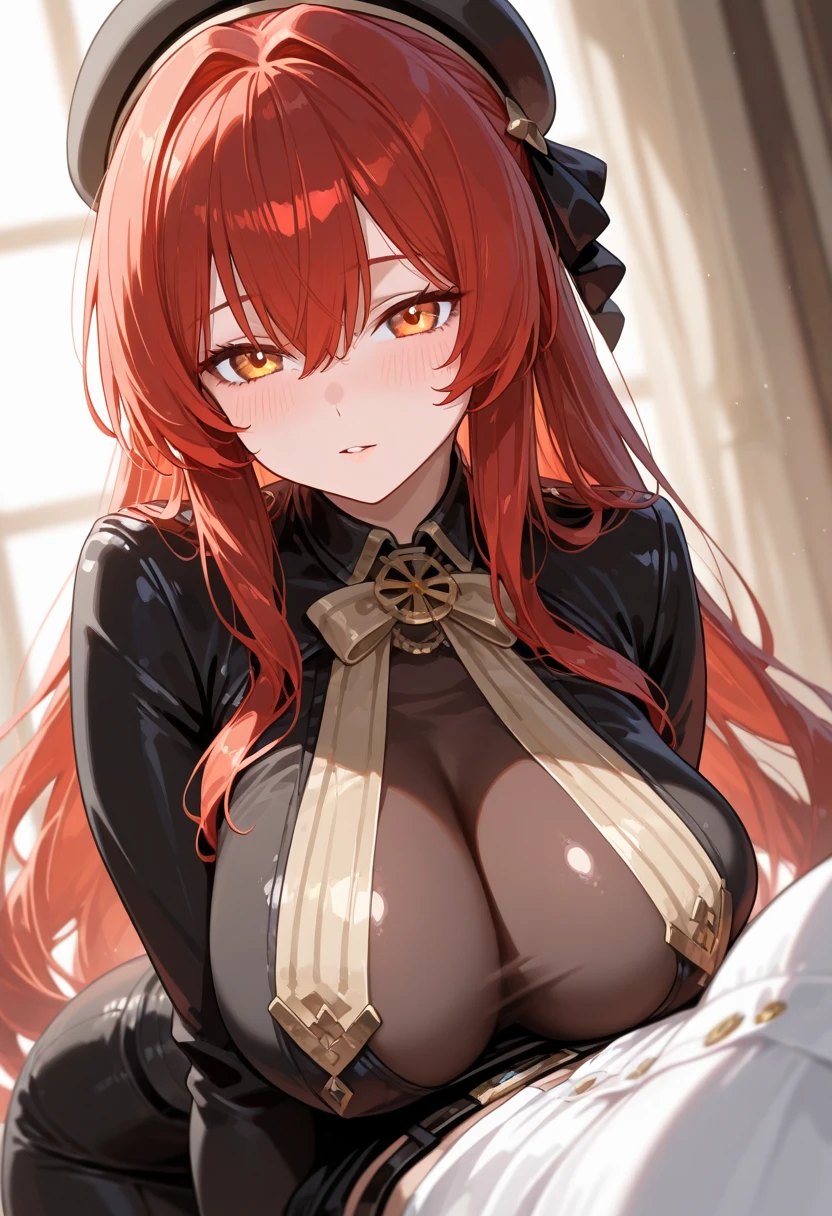 a young woman with long wavy waist-length auburn hair, amber eyes, big chest, with fox ears and tail in the middle of the sexual act, forest autumn color palette, pained expression