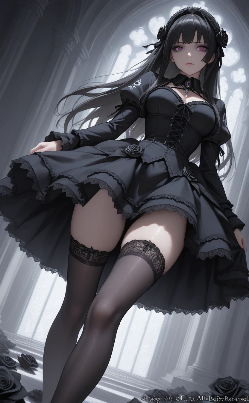 ((Biologically correct limb count))、(( From head to toe、Full-body photo including face))、4K、((Standing position))、masterpiece、((Focus on the face))、((Symmetrical facial features))、Eyes with detailed description、Beautiful woman、Great style、Beautiful arms、Beautiful legs、Beautiful Hands、(Small Ass、Thin thighs)、Facial detailing、Small earrings、necklace、(Black latex gothic uniform、skirt、corset、((High heels、Black garter stockings)))、Face close-up、smile、Black Hair、((Alluring))、Walking with my head up、Panty shot、No bra、coastal