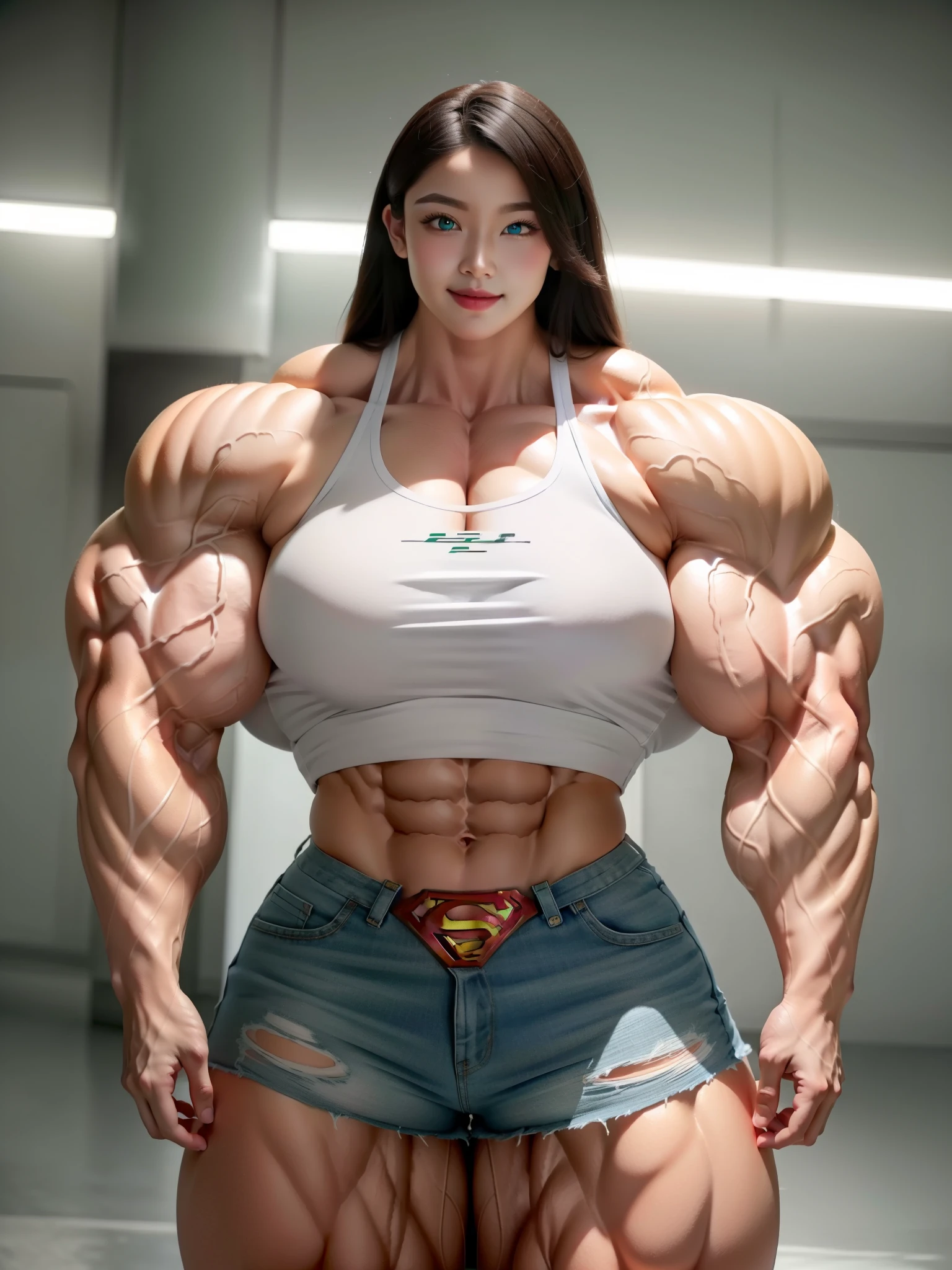 Woman in black bikini and slim man in white shirt, weak and thin, Slim and slim physique, Very beauthful. , , weak and helpless, frank physicist, , muscular ultraviolent woman, muscular and scary, absurdly huge physique, big muscles, extremely muscular woman,