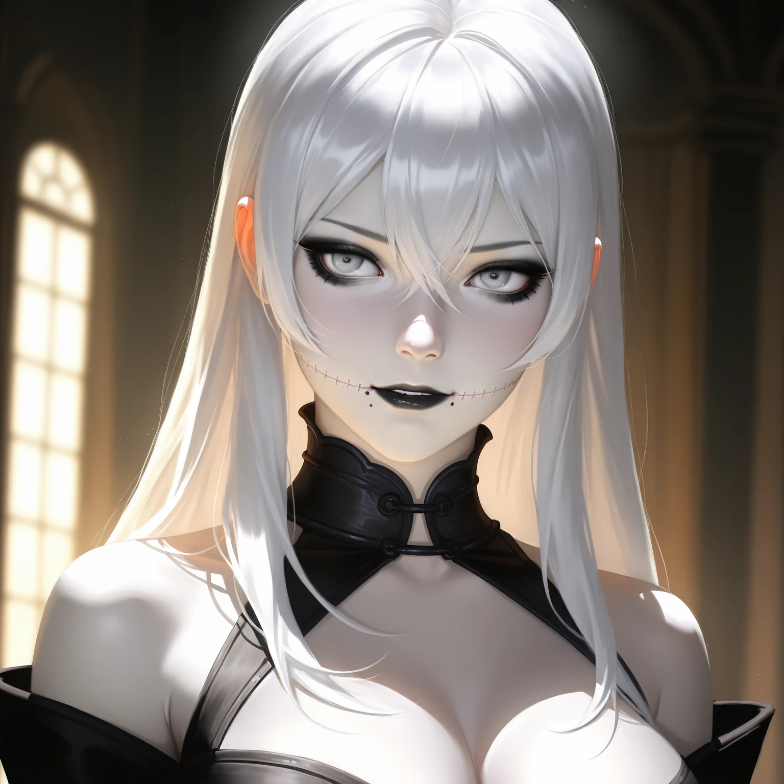 a girl monster, slave, chained, beautifu, Full-length, lots of details, delicate facial features, piercing eyes, sharp fangs, pale skin, thick chains, dark background, cinematic lighting, dramatic shadows, gothic style, moody atmosphere, dark fantasy, high contrast, muted colors