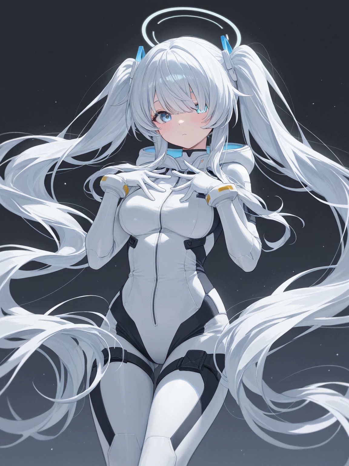 Slender beautiful girl、(White and blue futuristic space station background):1.2、Tight-fitting bodysuits of the near future、hight resolution、top-quality、The ultra-detailliert、Fine details、Does not blush cheeks、knee high、Undersized breasts、shorth hair、head phone