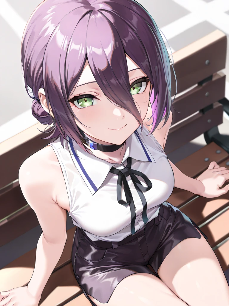 violet, violet hair, hair between eyes, green eyes, shirt, ((white shirt)), tie, black tie, flower, white flower, flowers in hand, 1 girl, very thin, detailed beautiful skin, pink on face,(blush), young girl, silver ring, cause upheaval, black shorts, black tights, tights, medium breasts, ass