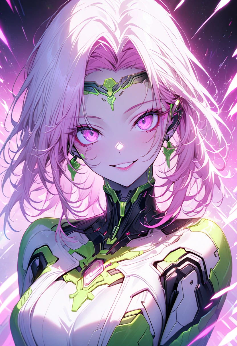 solo female, medium shot, pink hair, pink eyes, artificial intelligence shaped after the green goddess Aphrodite, cyberpunk, futuristic, eager smile